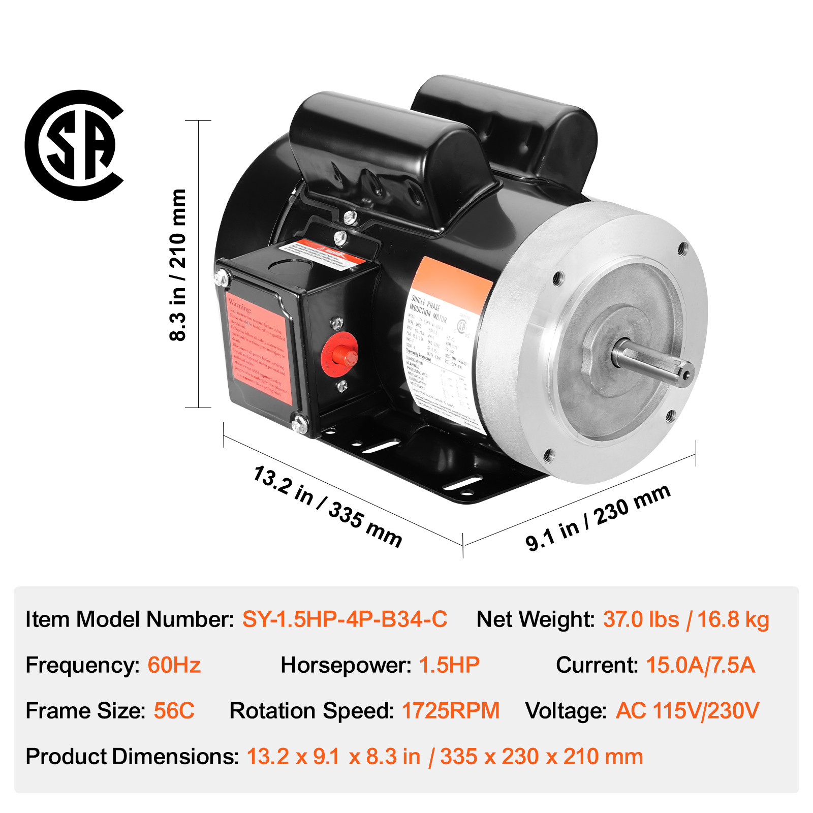 VEVOR 1.5HP Electric Motor 1725RPM AC115/230V 56C Frame 1-Phase 5/8″ Keyed Shaft