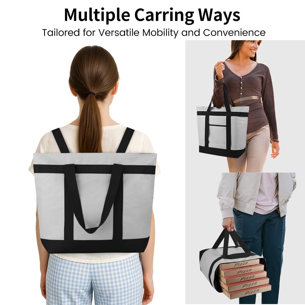 Insulated Grocery Tote Bag Large Reusable Cooler Bags w/ Zipper Leakproof Grey