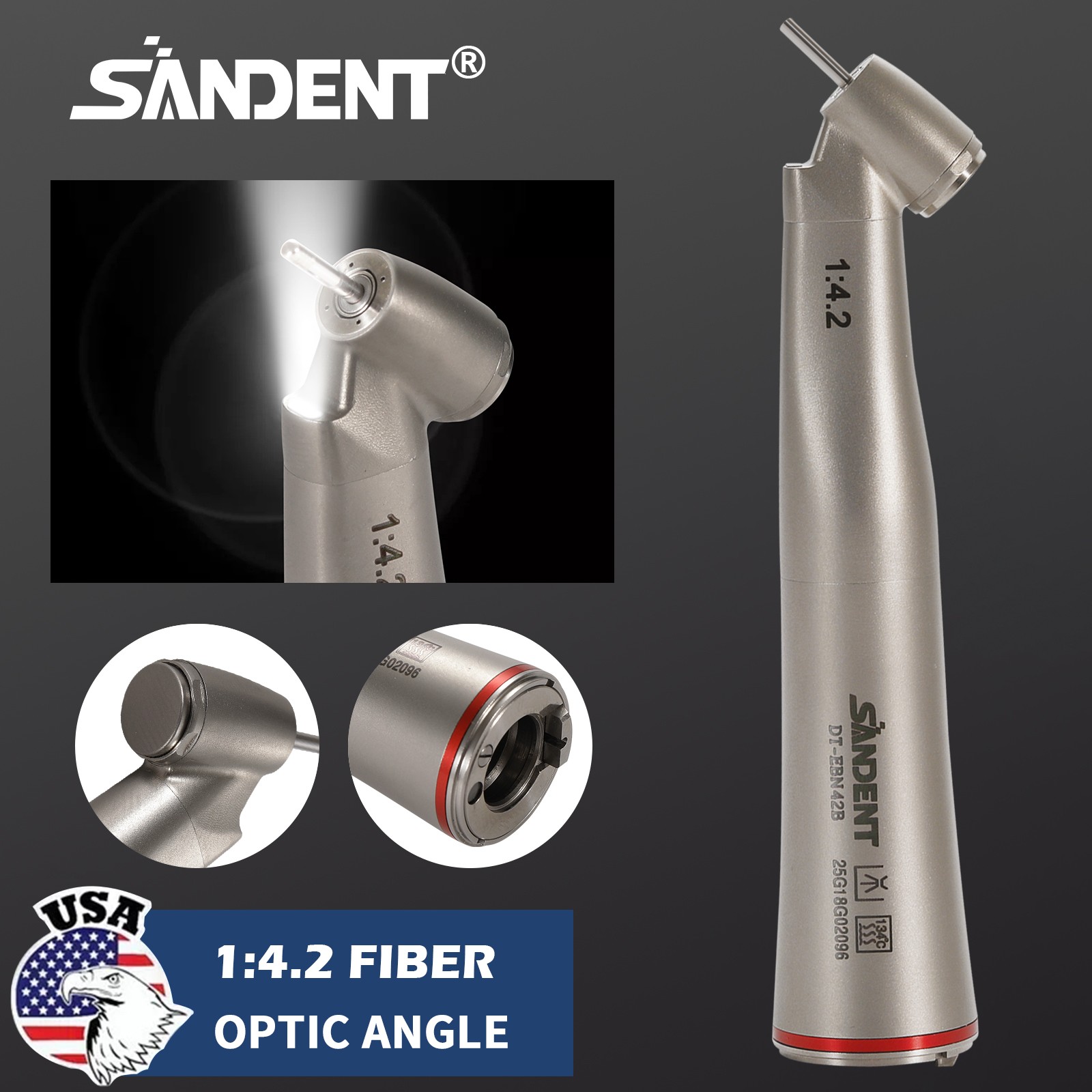 Dental LED Handpiece 1:4.2 Contra Angle 45° LED Fiber Optic Turbine Inner UPS