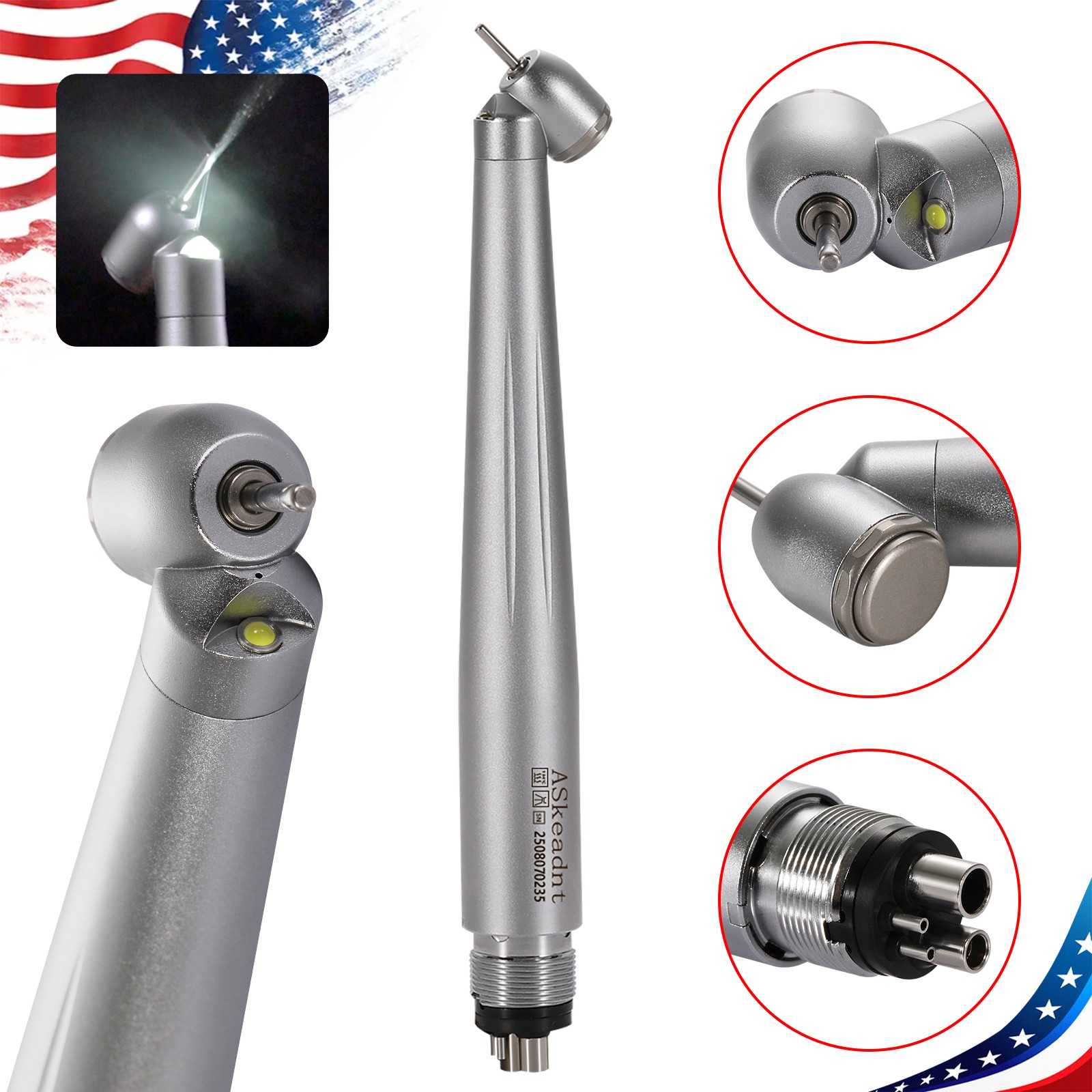ASKEADNT Dental Surgical Handpiece 45 Degree High Speed 4 Hole LED