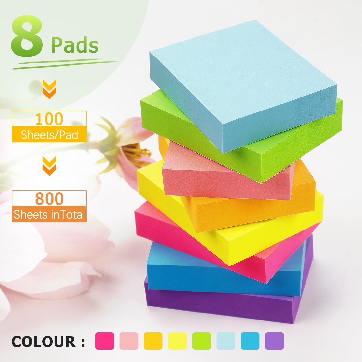 Sticky Notes 1.5X2 Inch Bright Colors Self-Stick Pads 8 Pads/Pack 100 Sheets/Pad