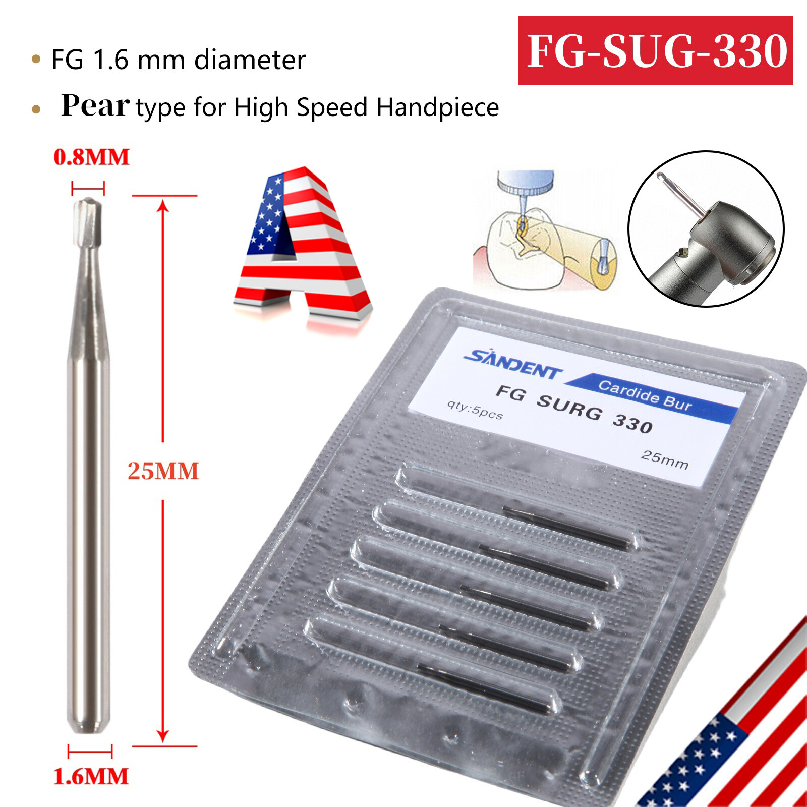FG # 330 Dental Surgical Carbide Burs 25mm (100pcs=10 Packs)