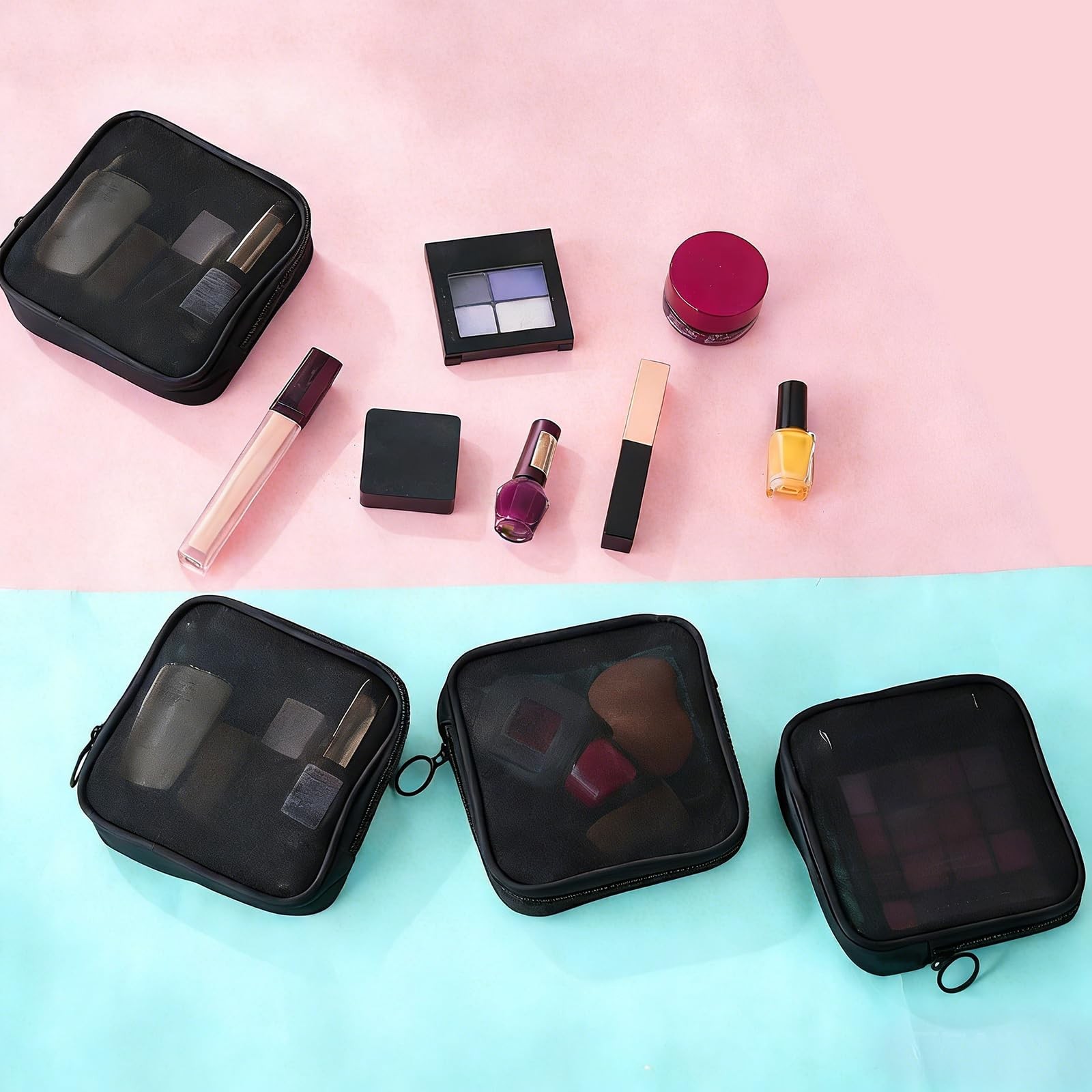 Fnuqz 4 Pcs Mesh Cosmetic Bag Transparent Zipper Mini Black