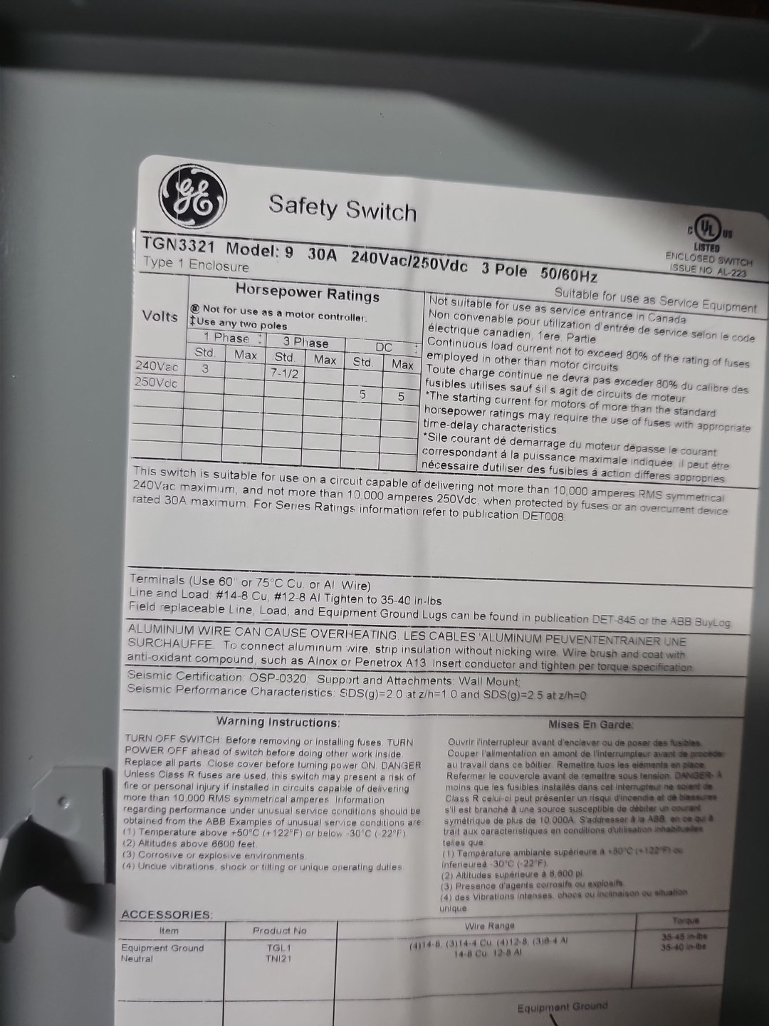 General Electric TGN3321 Non-Fusible Safety Switch 240VAC 30A 3P 3W NEMA 1 NEW