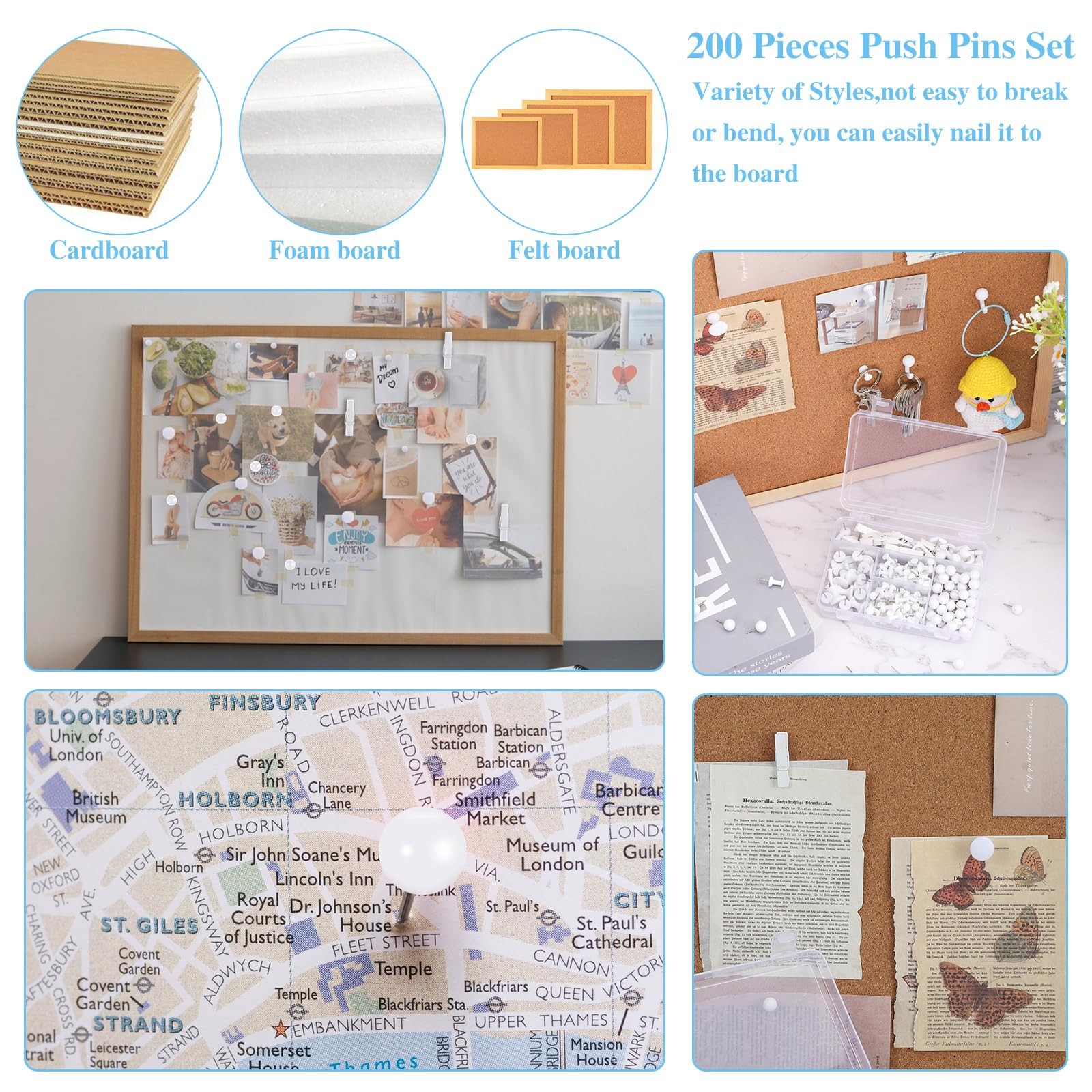 BESARME 200 Pieces Push Pins Set, 5 Types White Thumb Tacks Cute Decorative P…