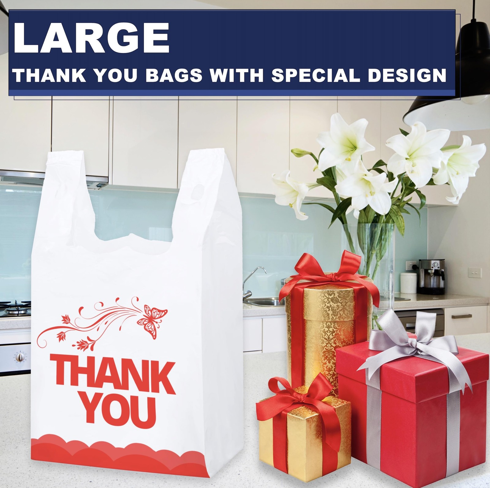 100 Pcs White Thank You Bags T Shirt Bags To Go Grocery Reusable Disposable