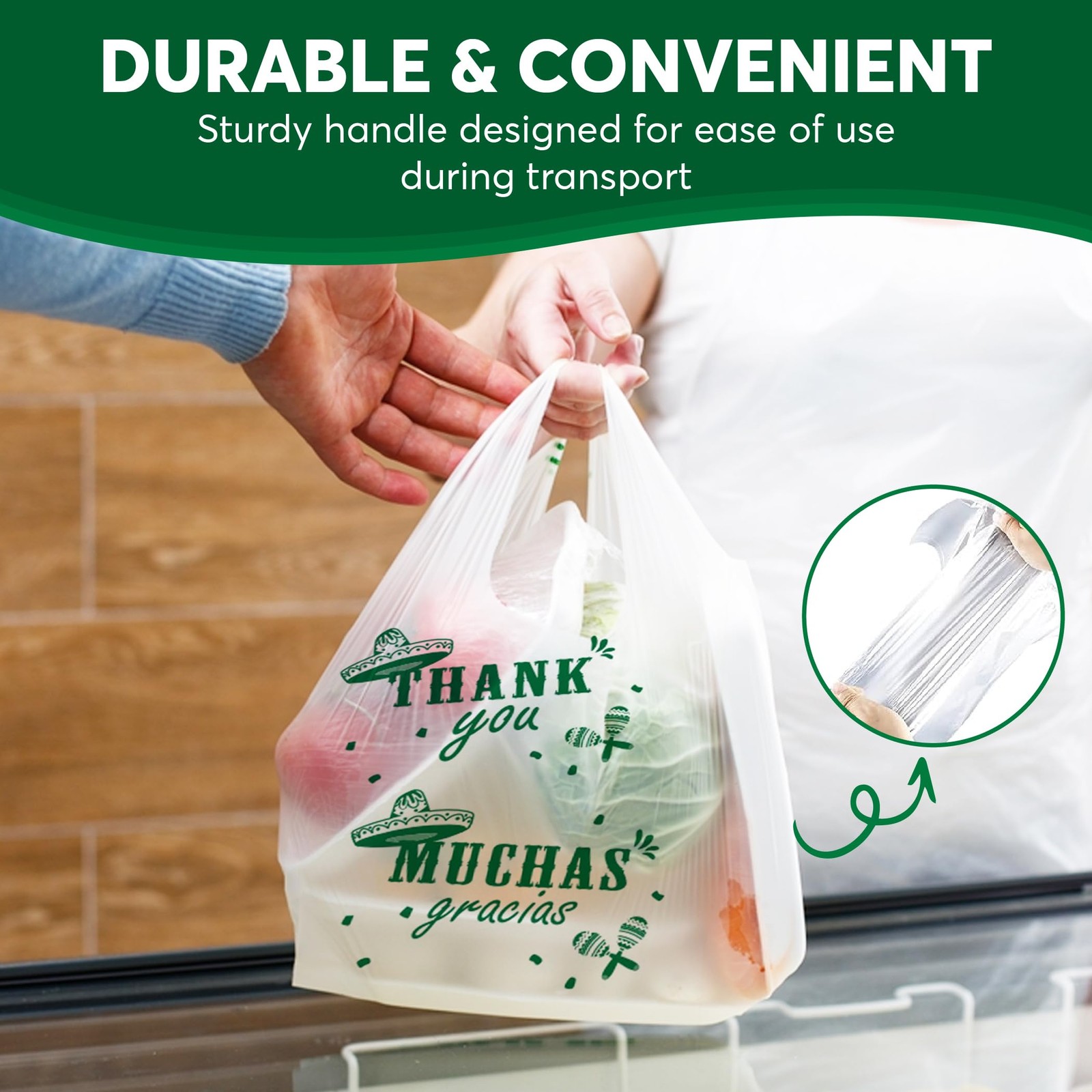Bilingual Shopping Bags – Thank You/Muchas Gracias, White Plastic with Handle…