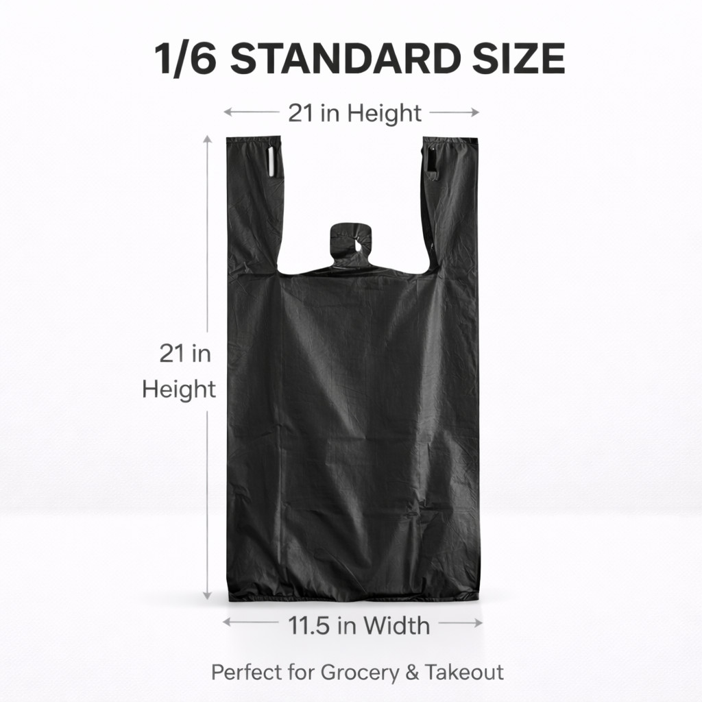 1/6 21 x 6.5 x 11.5 Heavy Duty .87 Mil BLACK T-Shirt Plastic Shopping Bags