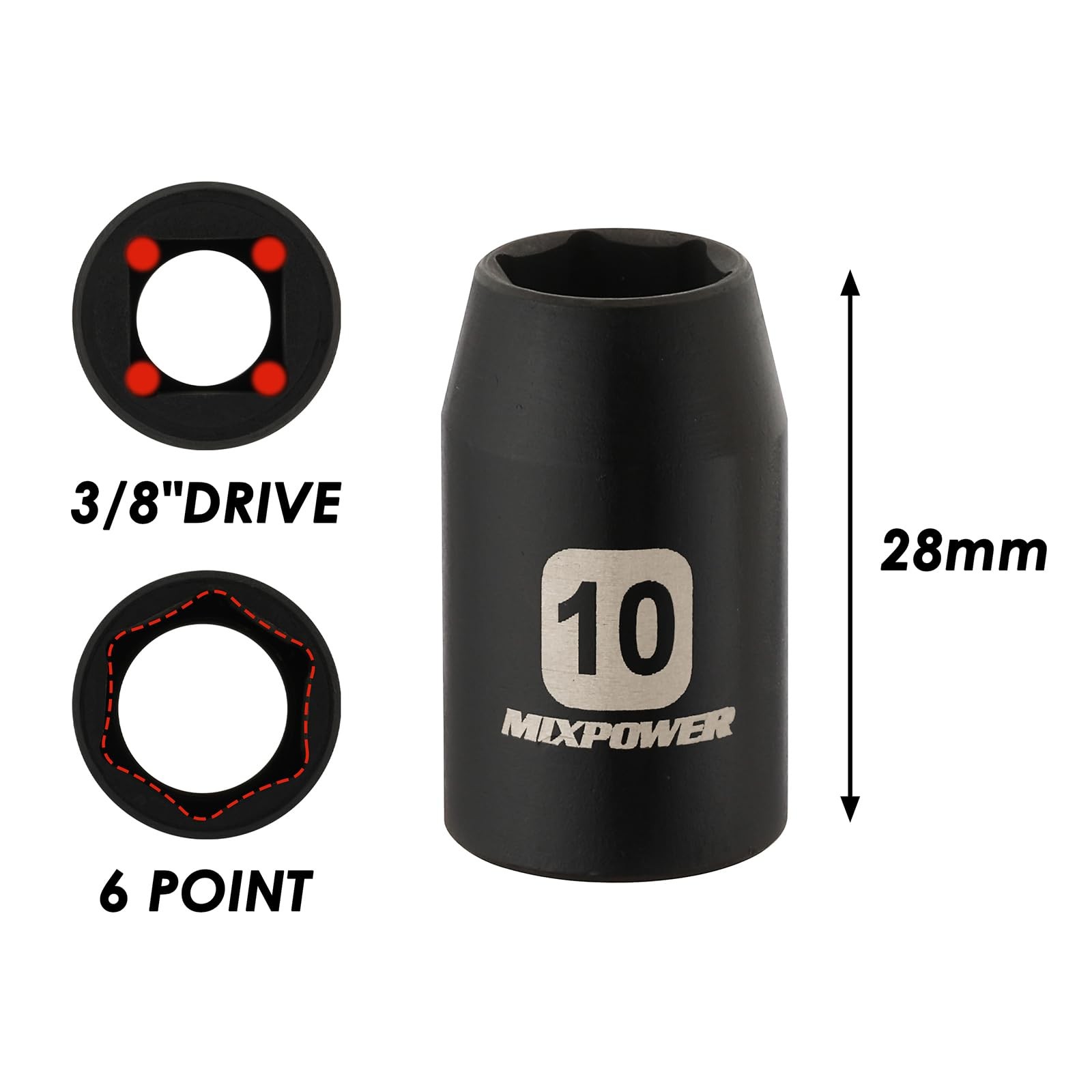 MIXPOWER 6PCS 3/8″Drive 10mm Deep&Shallow Socket, 6 Point & 12 Point, 10MM