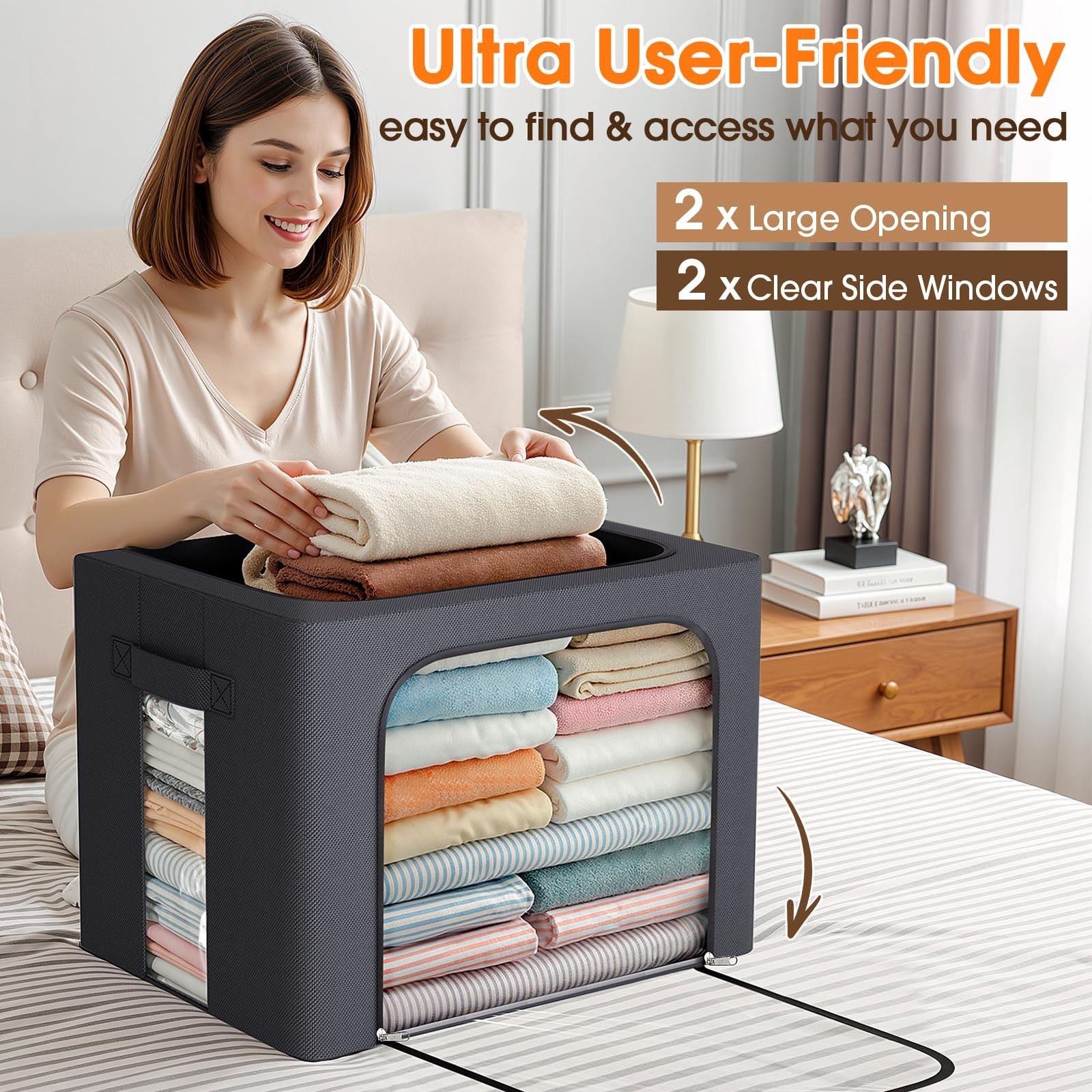3 Pack Clothes Storage Bins with Metal Frame,40L Storage Bags Fabric Box Orga…