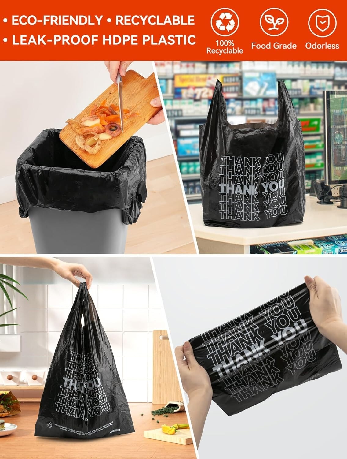 Thank You Plastic Bags, 12″ X 6″ X 22″, 1/6 barrel Black Grocery Bags