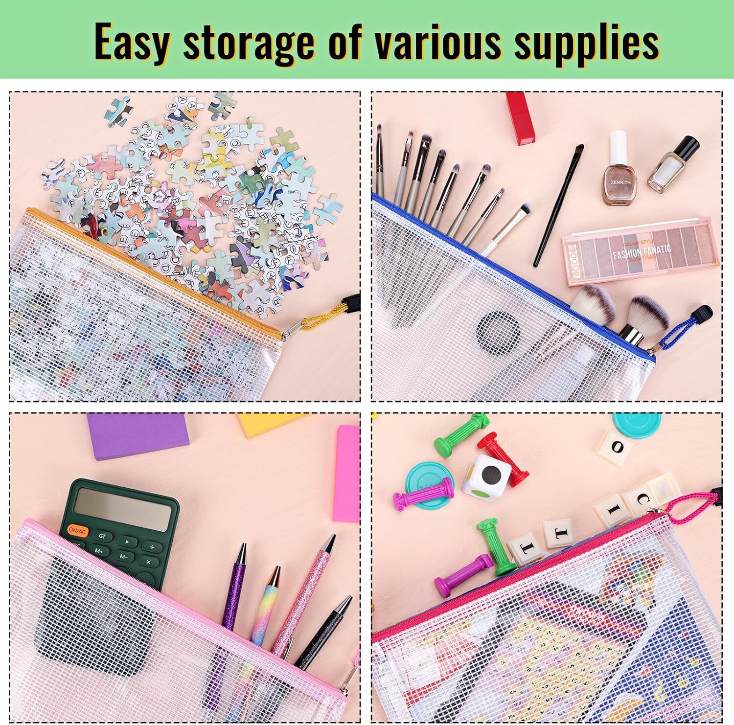 14Pcs Zipper Pouches for Organizing w/ Zipper, Mesh Zipper Pouch Bags, 8 Sizes