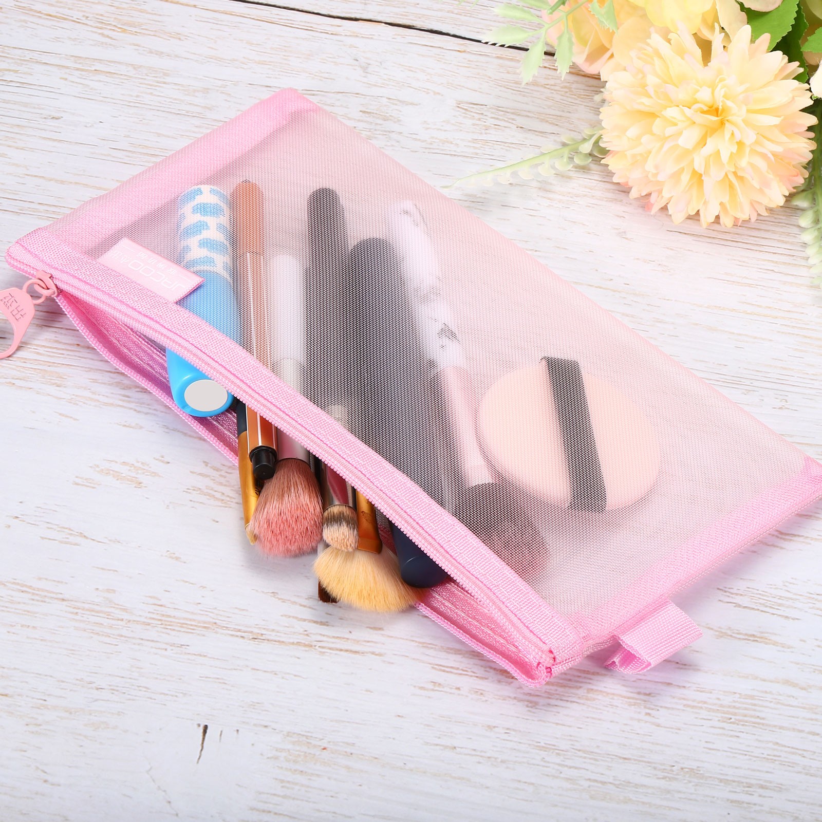 3pcs Mesh Cosmetic Bags, A6 case Nylon Makeup Zipper Mesh Bag, Pink