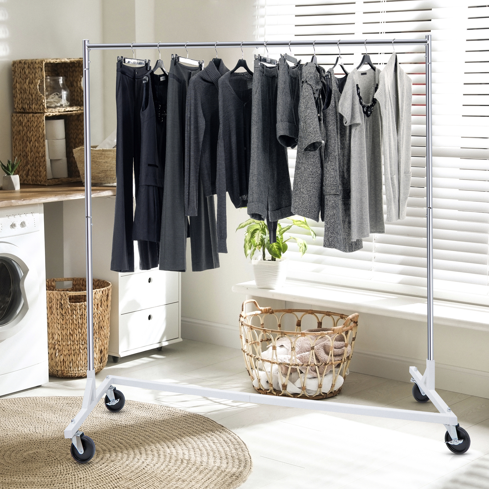 Stable Z-Base Garment Rack Rolling Clothing Rack Chrome Collapsible W/Casters