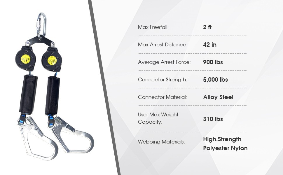 6 FT Dual Leg Self-Retracting Lifeline Web Lanyard Retractable, 2.36 in Shock Ab