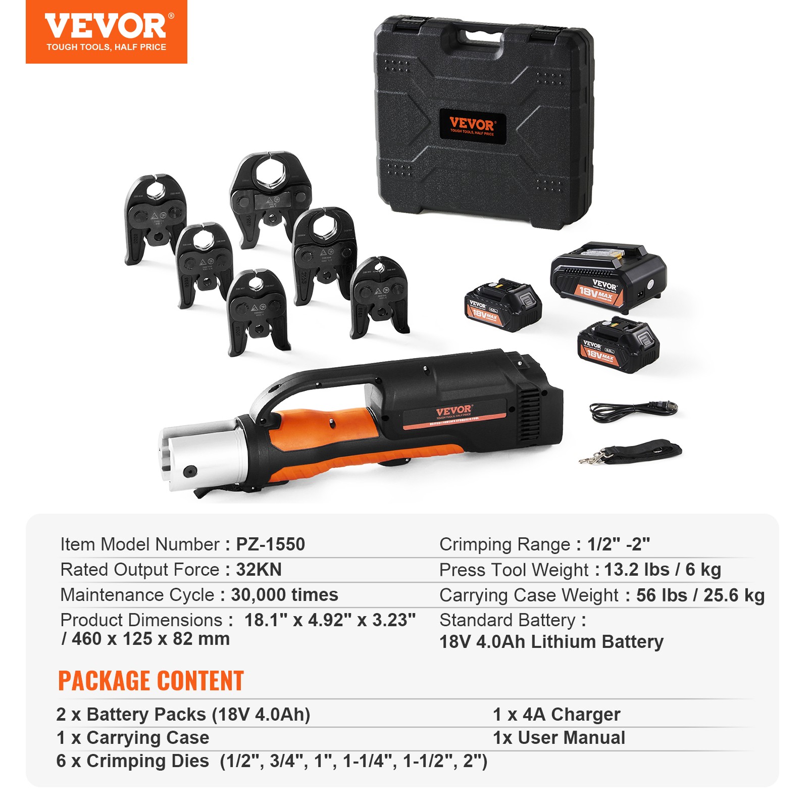 1/2″-2″ Pro Press Tool 18V with 6 Pro Press Jaws 2pcs 4AH Battery Fast Charger