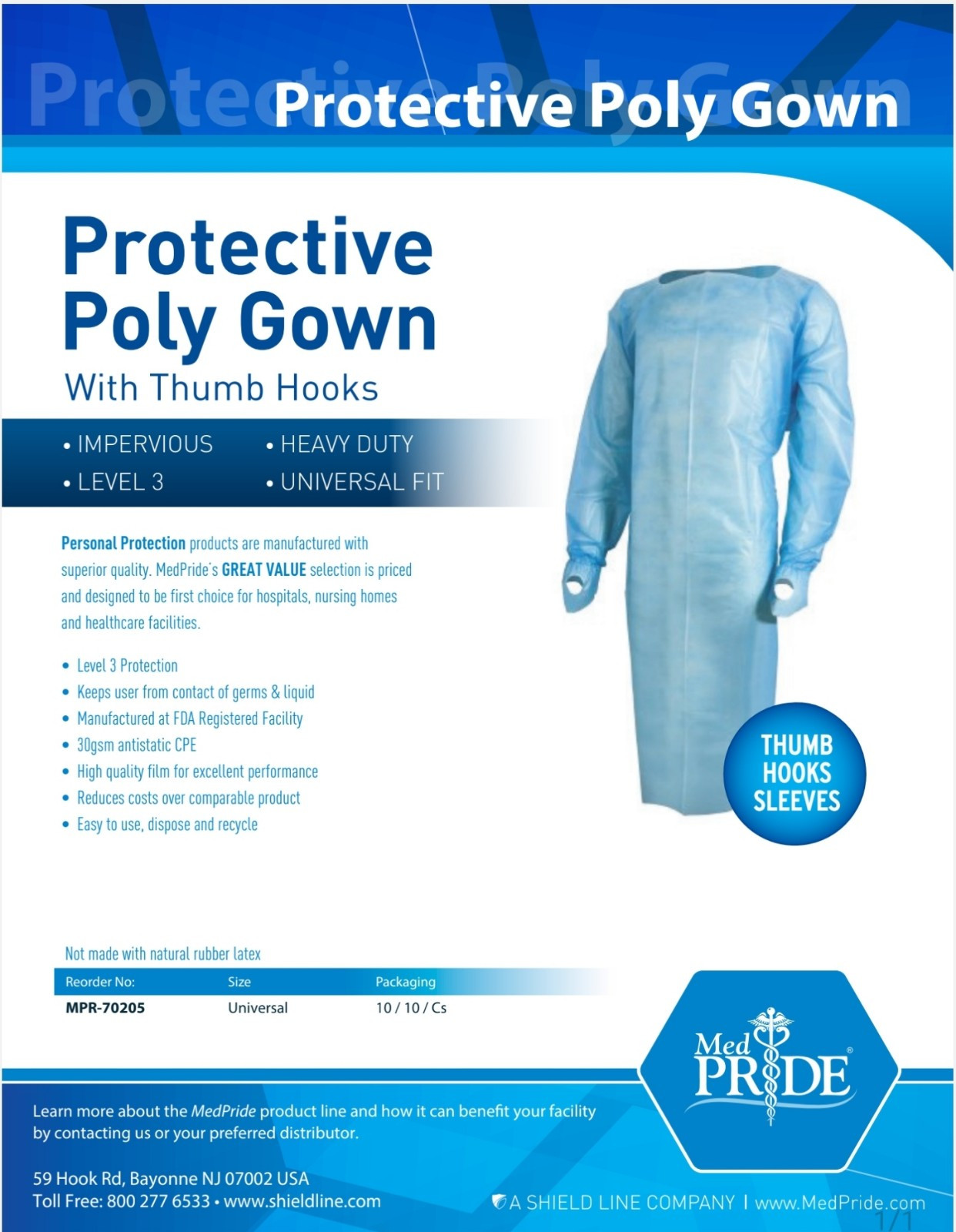 100ct. Impervious Protective Poly Gown W/Thumb Hook Level 3 Medical Dental PPE