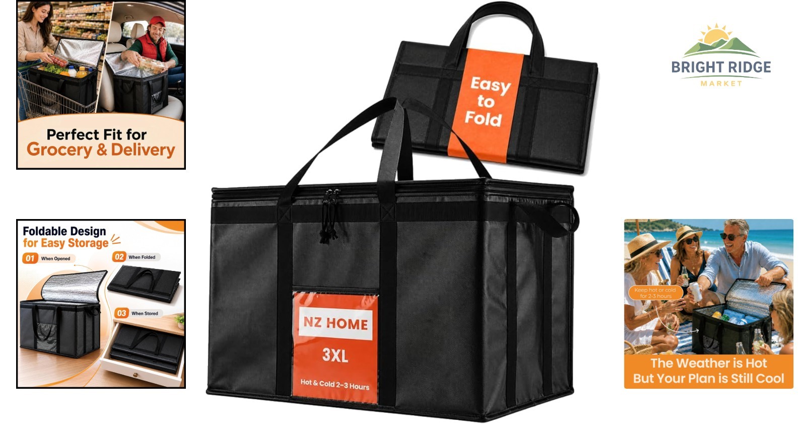 Durable Insulated Bag for Food Delivery, Reusable Cooler with Slip Pocket