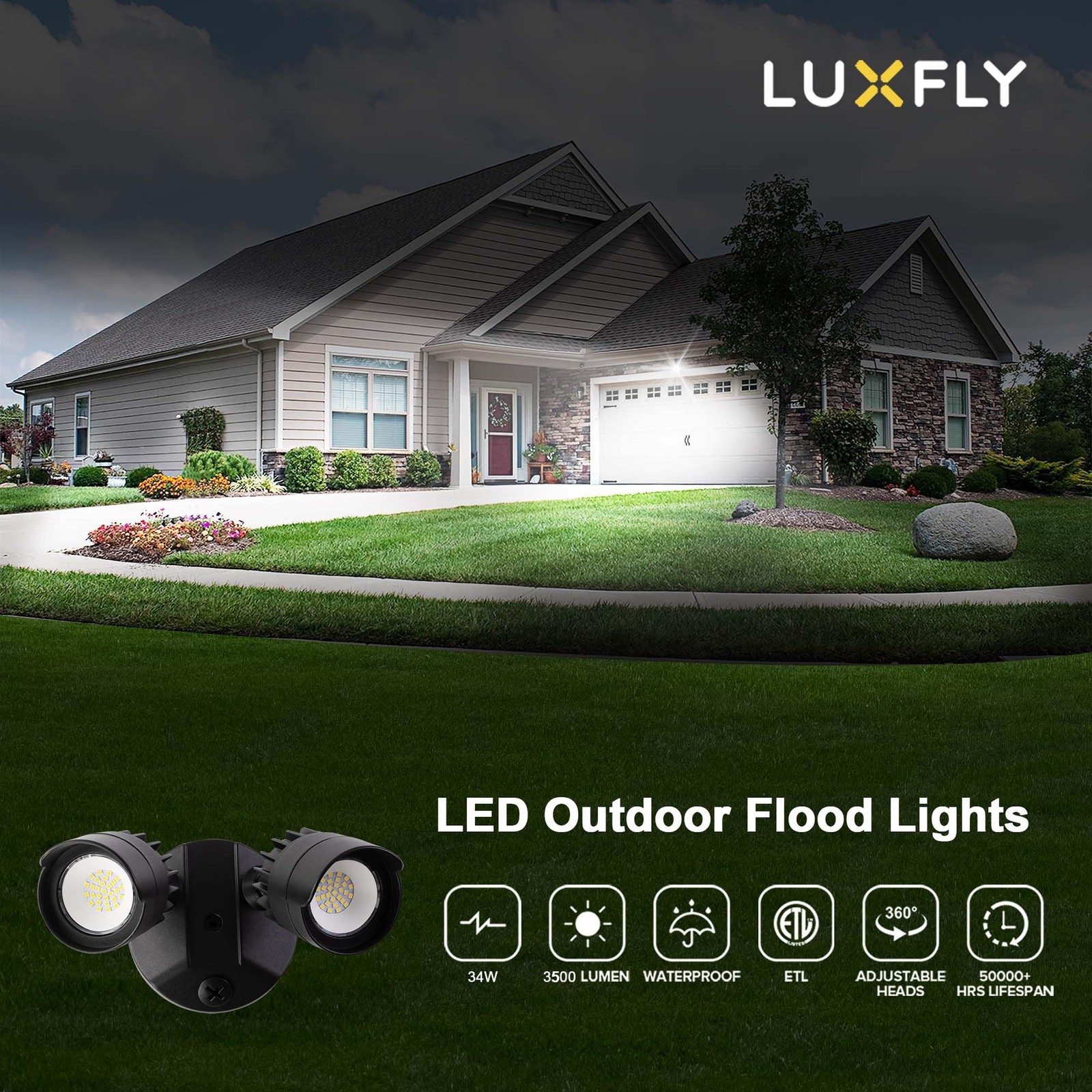 LED Flood Lights Outdoor, 34W 3500LM 5000K Daylight, IP65 Waterproof Security…