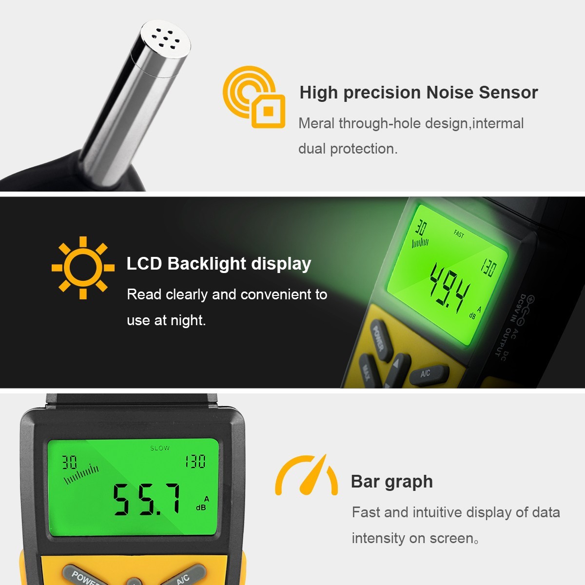 Digital Sound Level Meter 30-130DB Noise Volume Decibel Tester A/C Fast/Slow US
