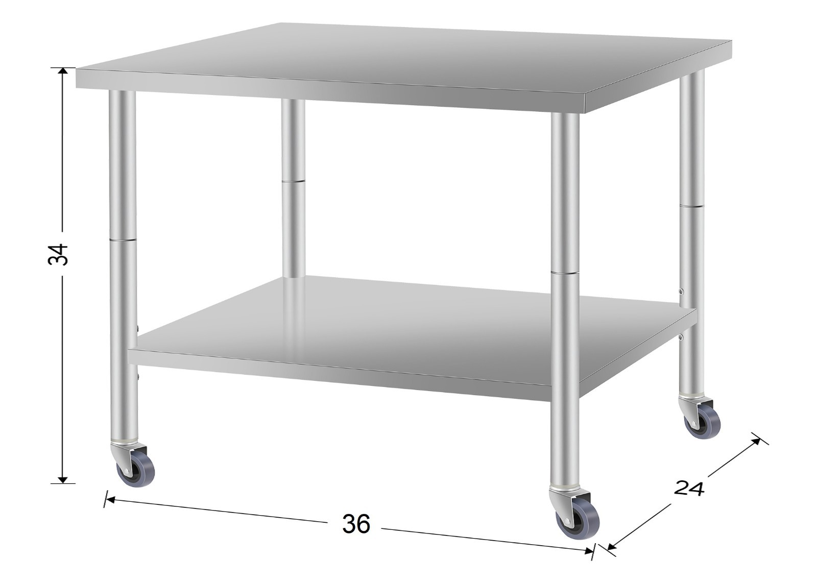 36×24″ stainless steel worktable on wheels for kitchen or garage