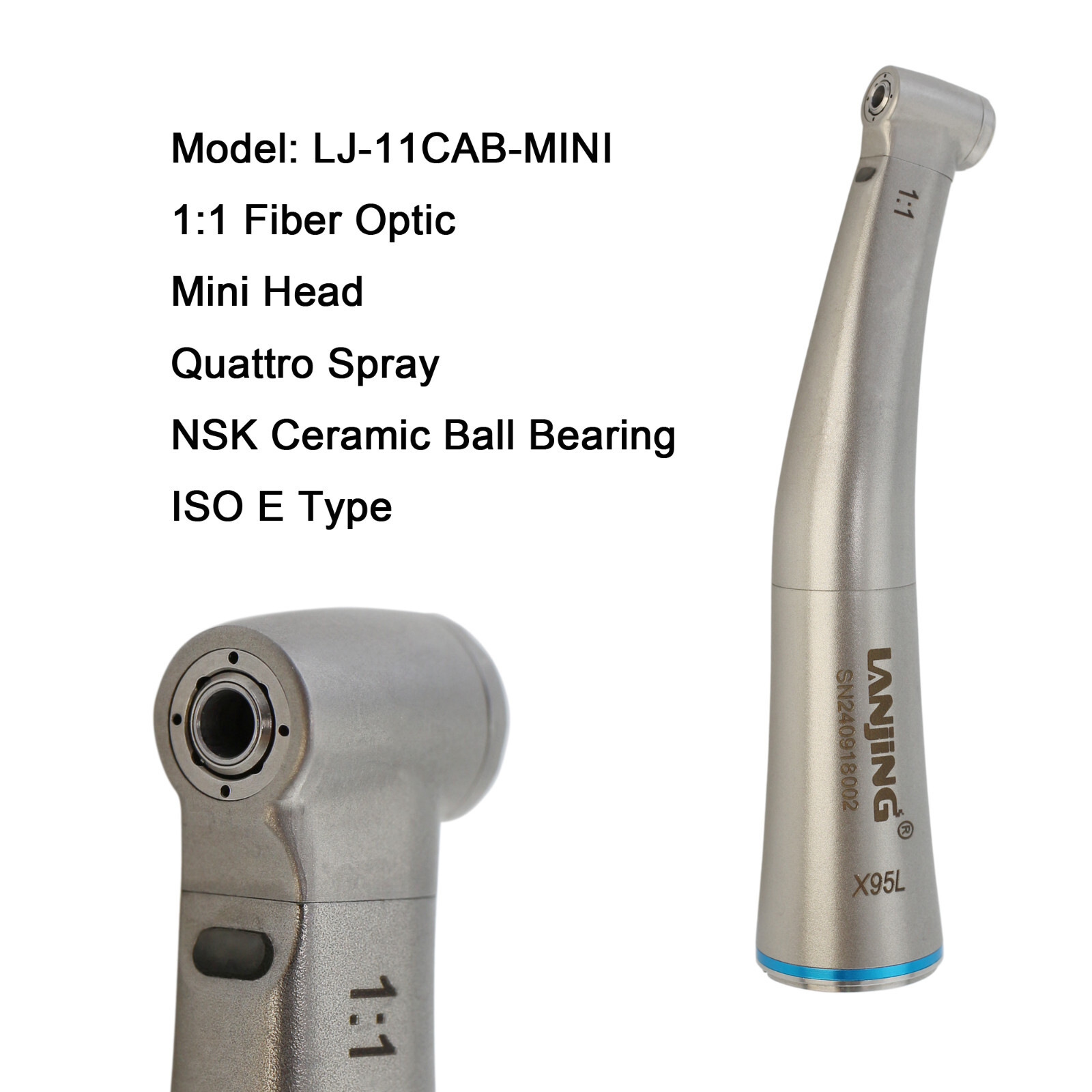 Dental Contra Angle Fiber Optic Handpiece 1:1 Low Speed Mini Quattro Spray ISO