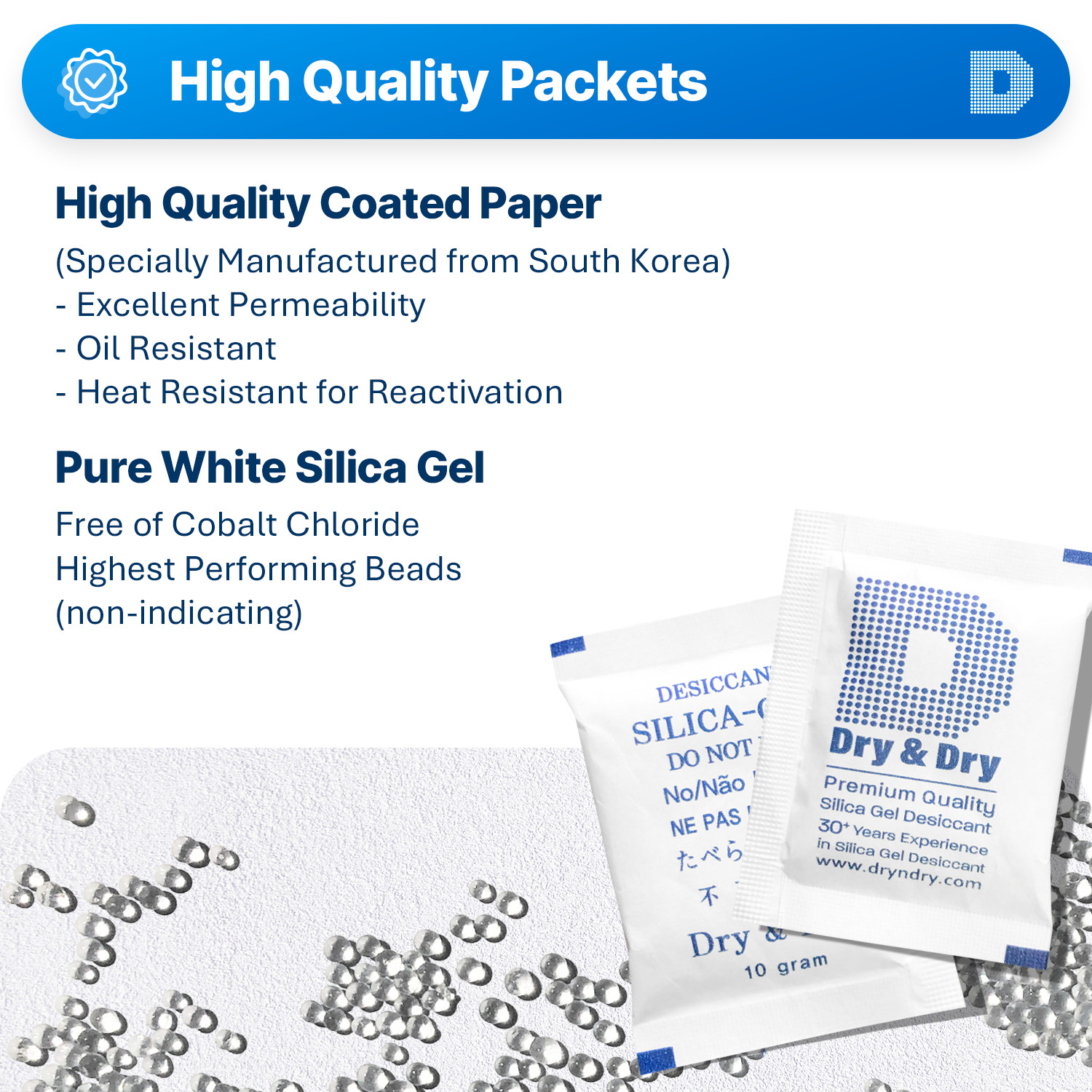 10 gram X 100 PK “Dry&Dry” Silica Gel Desiccant Packets(Reusable)-FDA Compliant