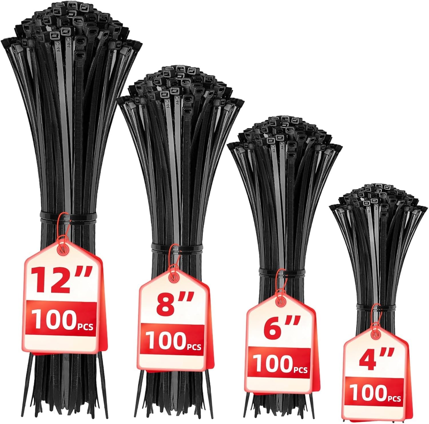400 Pack Black Zip Ties – Assorted Sizes (4-12 Inch) for Secure Cord Management