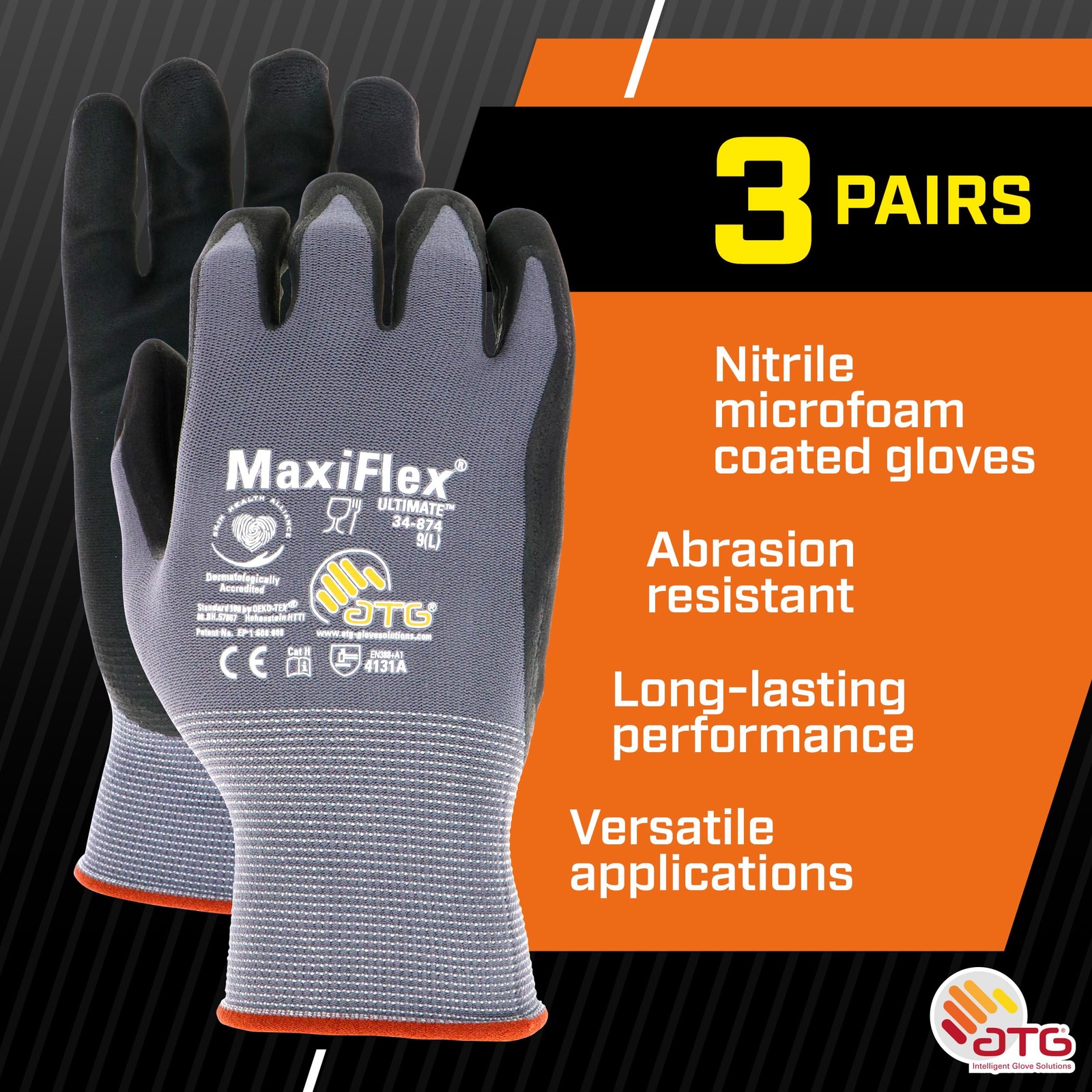 MaxiFlex PIP 34-874/L MaxiFlex Ultimate, Foam Nitrile Palm Coated Gloves, Gra…