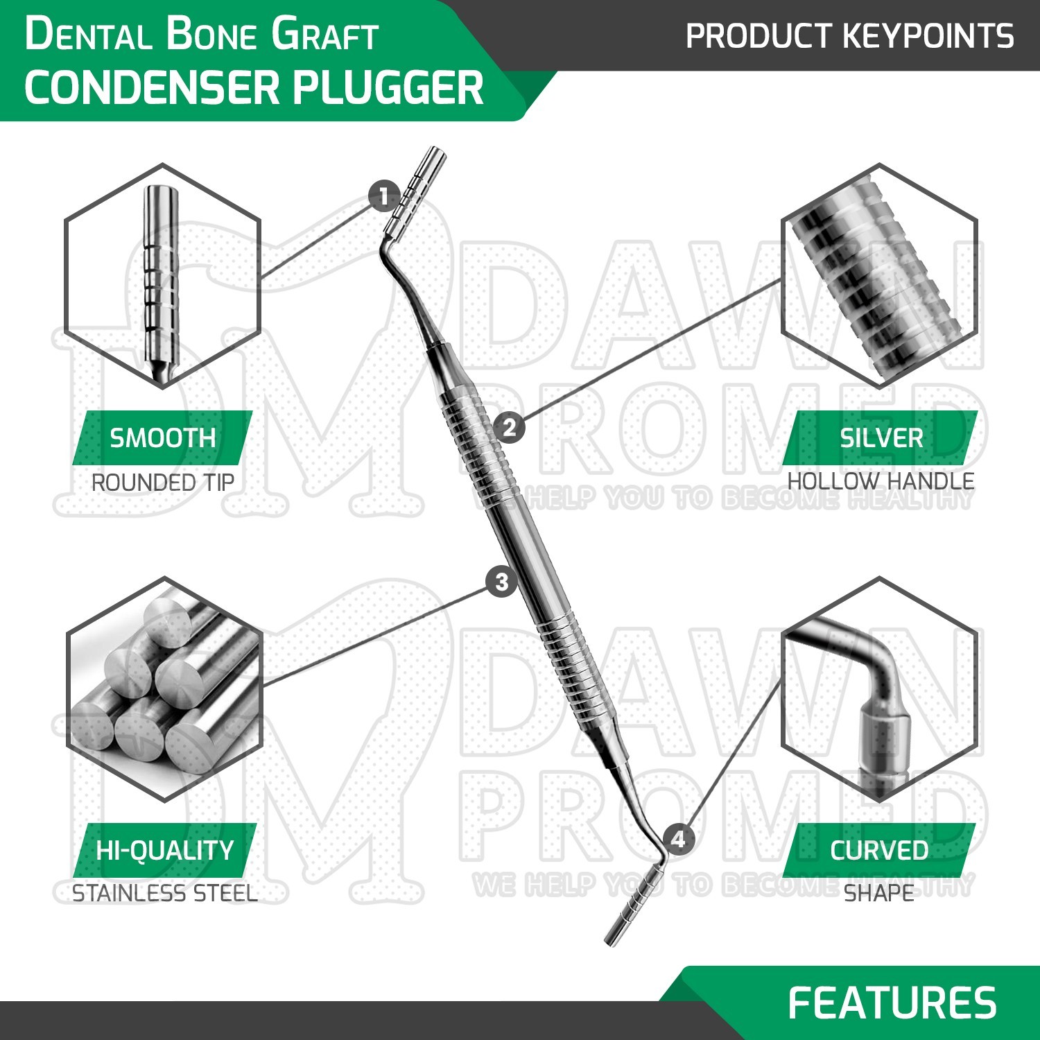 3 Pcs Dental Bone Graft Condenser Plugger 7.25″ Depth Gauge 3.3MM/4MM Smooth Set