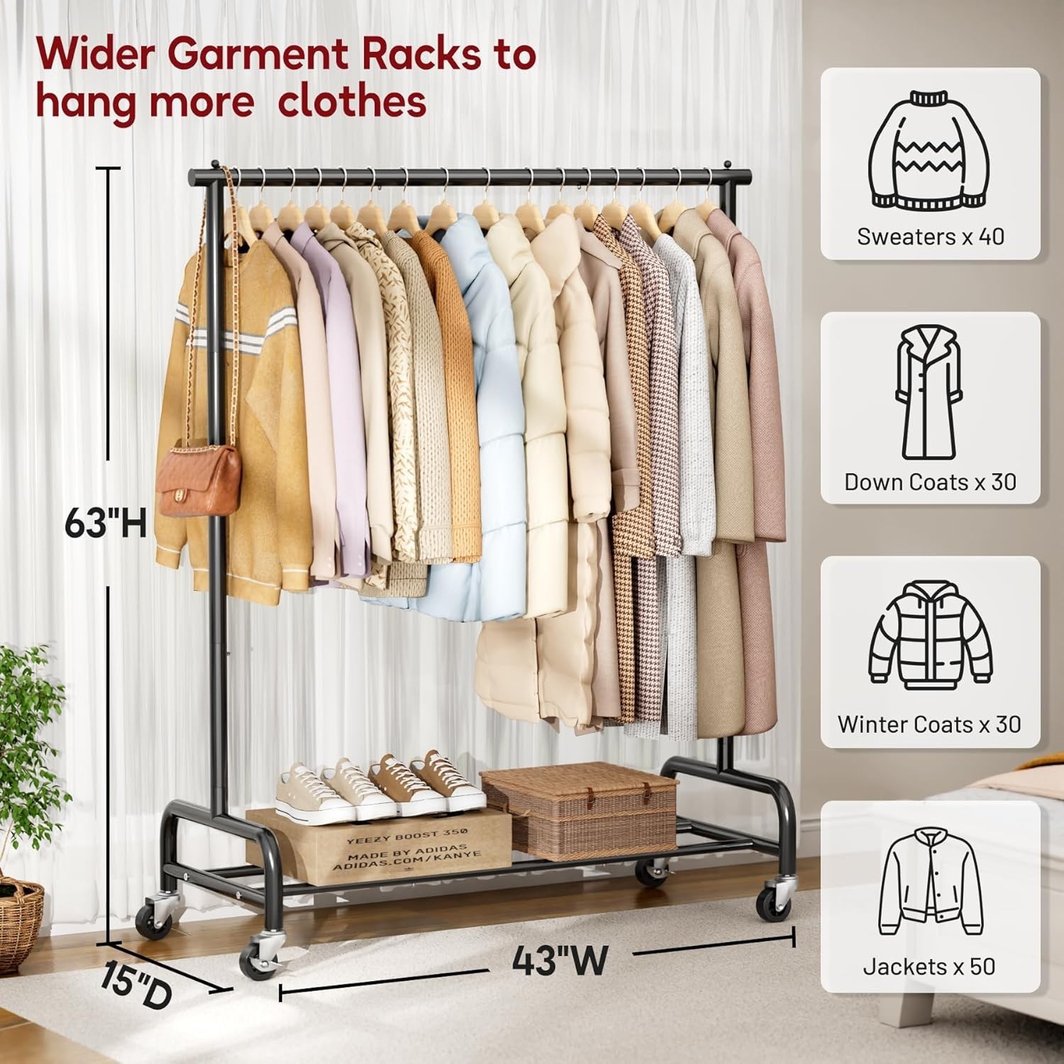 Heavy Duty Metal Clothing Rack 43W Rollers for Coats Shirts Dress Storage