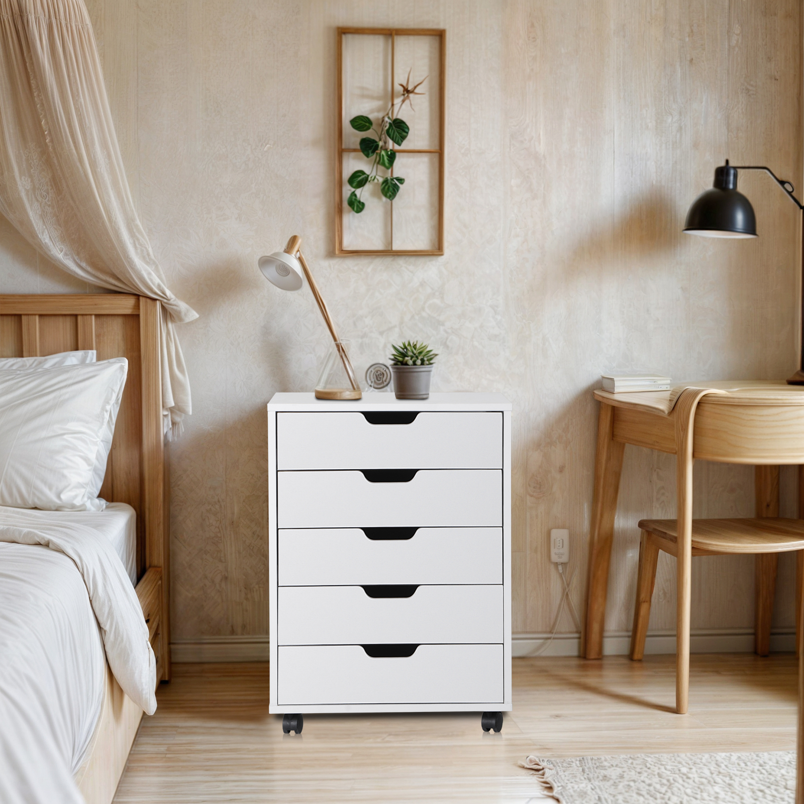 5 Drawer Dresser Rolling Clothing Storage Chest Beside Wall Mobile Store Clothes