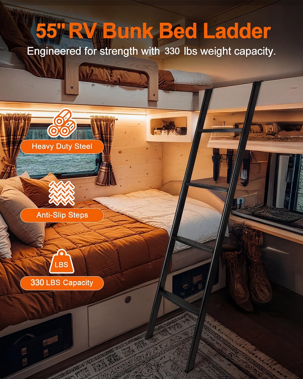 HeavyDuty 55Inch RV Bunk Bed Ladder, AntiSlip, 330 lbs Capacity, Extra Wide