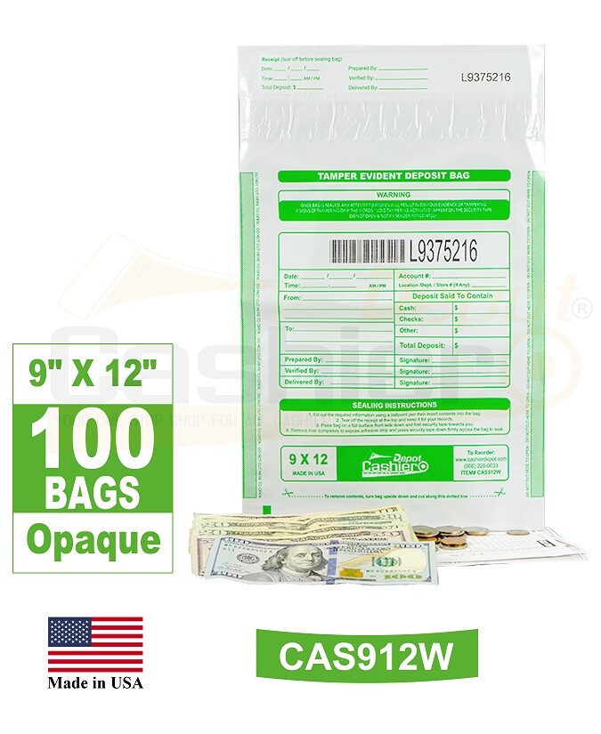 Tamper Evident Deposit Bags, 9″ x 12″ White(Opaque), Serialized w/Barcode, 100Ct