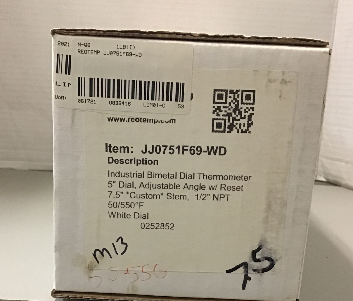 Reotemp JJ0751F69-WD Bimetal Thermometer 5in 7-1/2in 50-550f 1/2in NPT (m13)