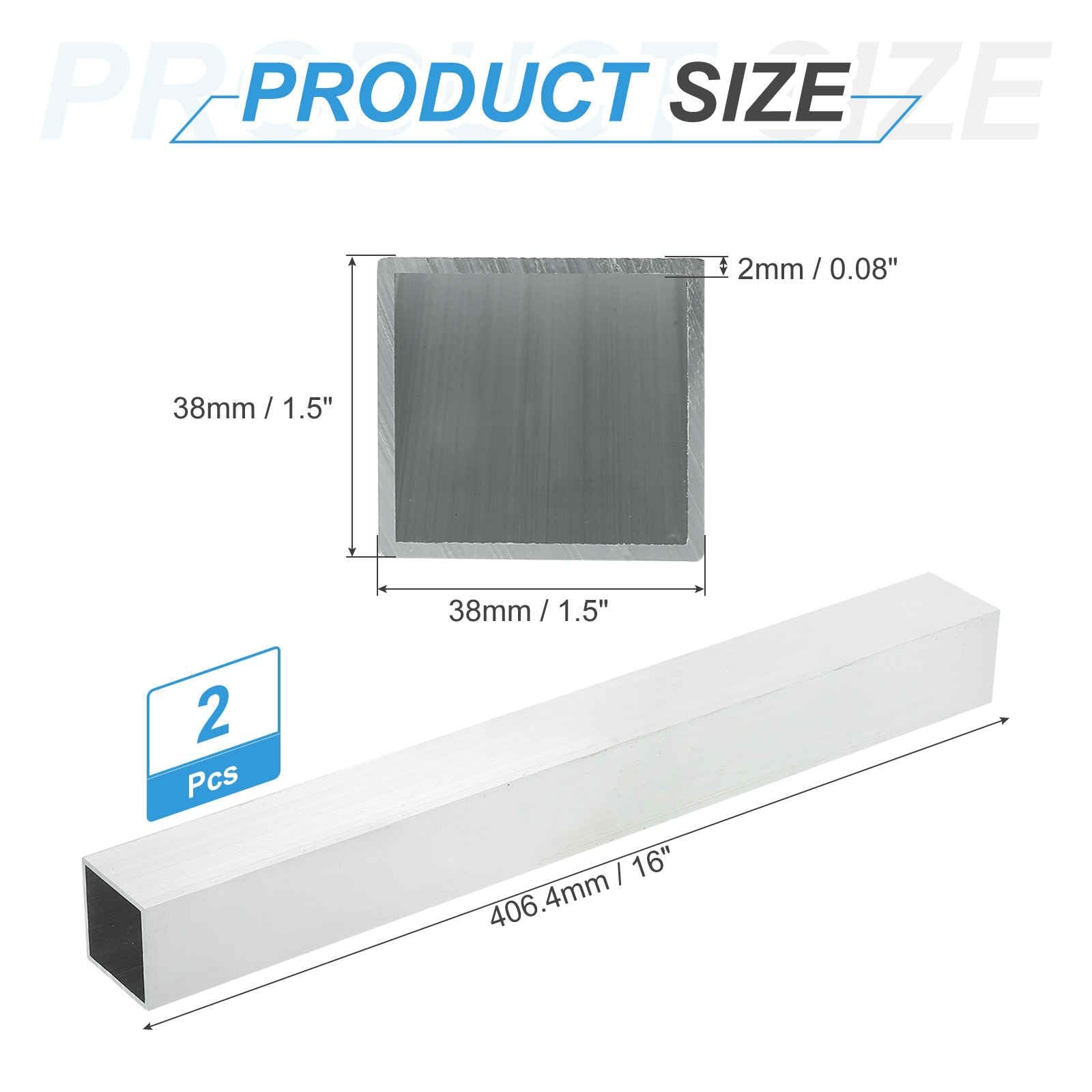 Aluminum Square Tubing 1.5×1.5×16 Inch 0.08 Wall 6063 Metal Profile 2 PCS