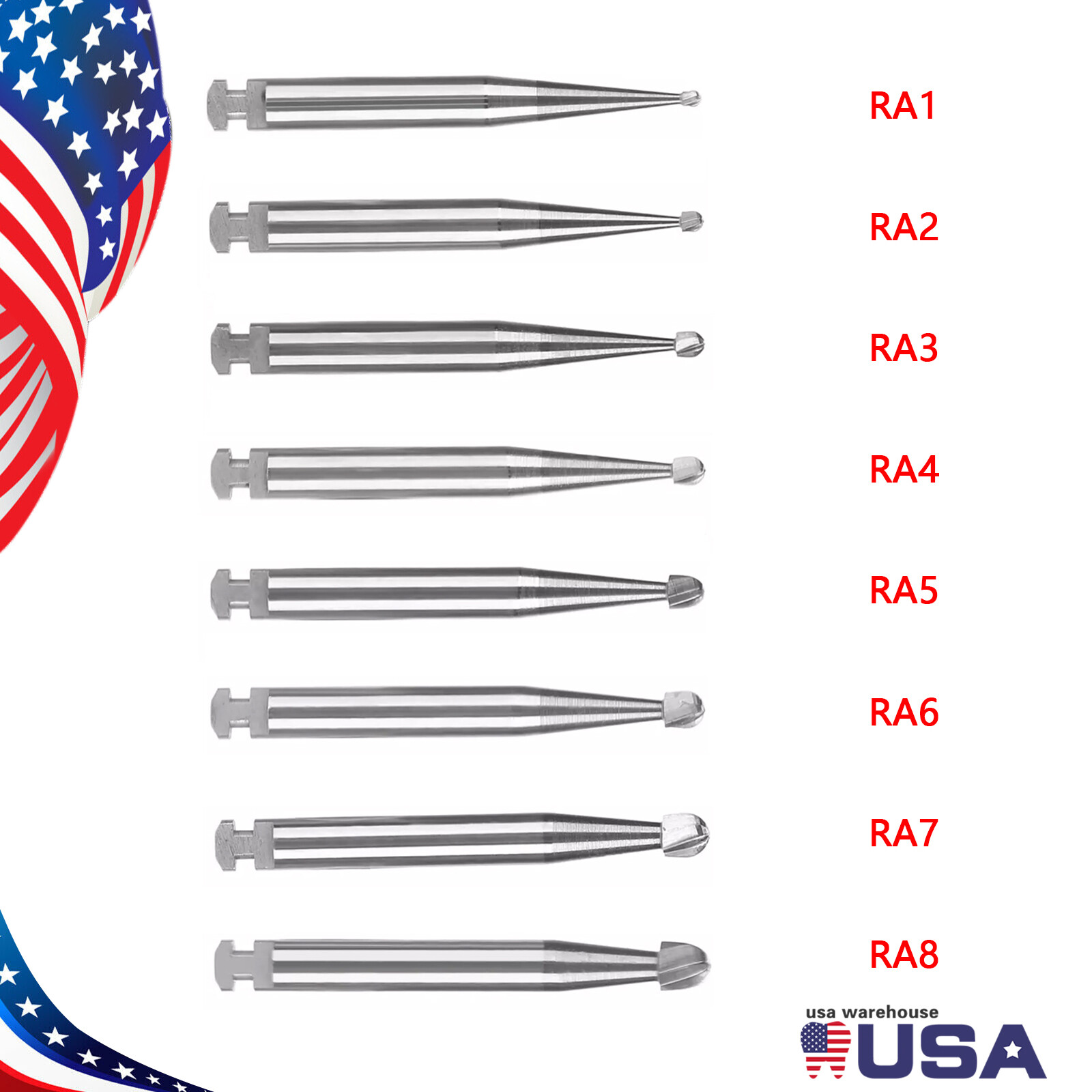 5-100 8 Types Dental Round Carbide Bur for Slow Speed Latch Type RA 1# – 8# Burs