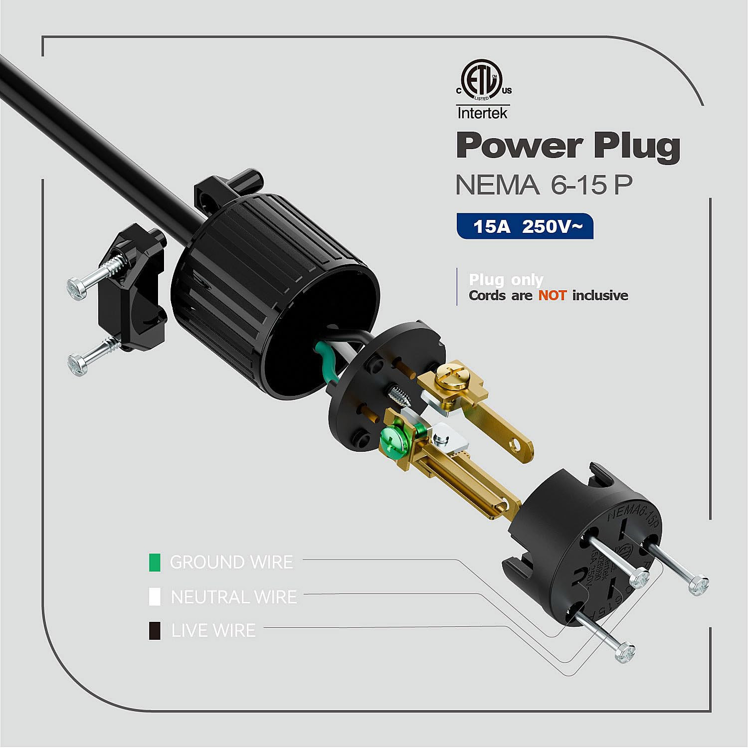 NEMA 6-15P Male Plug, ETL Listed 15AMP/250VOLT,15A Straight DIY Male, Usa/Canada
