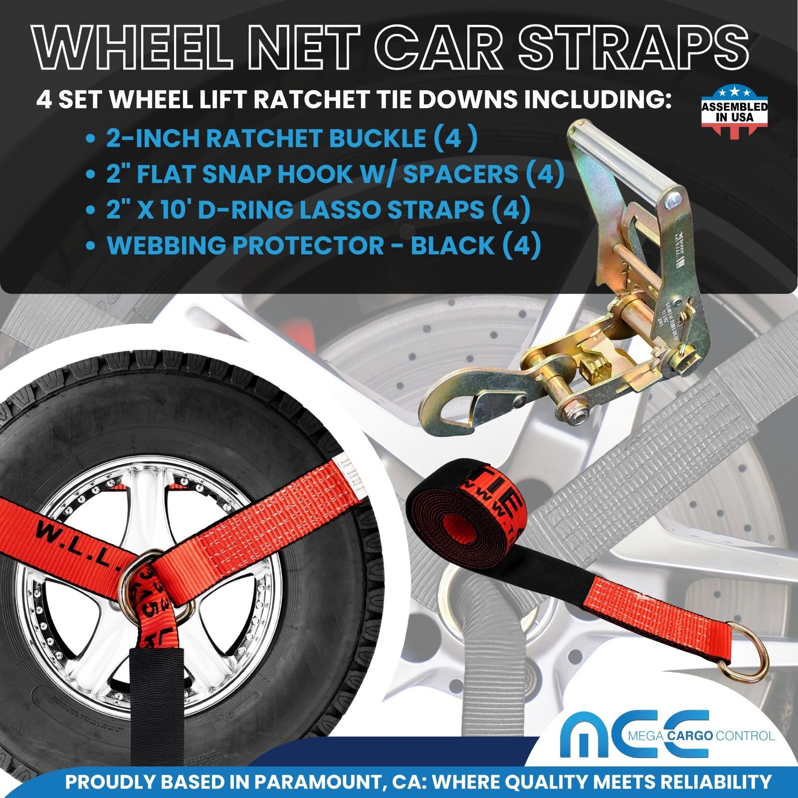 4 Sets 2″ x 10′ Ratchet w/Flat Snap Hook Wheel Lift Lasso Strap Tow Truck Towing