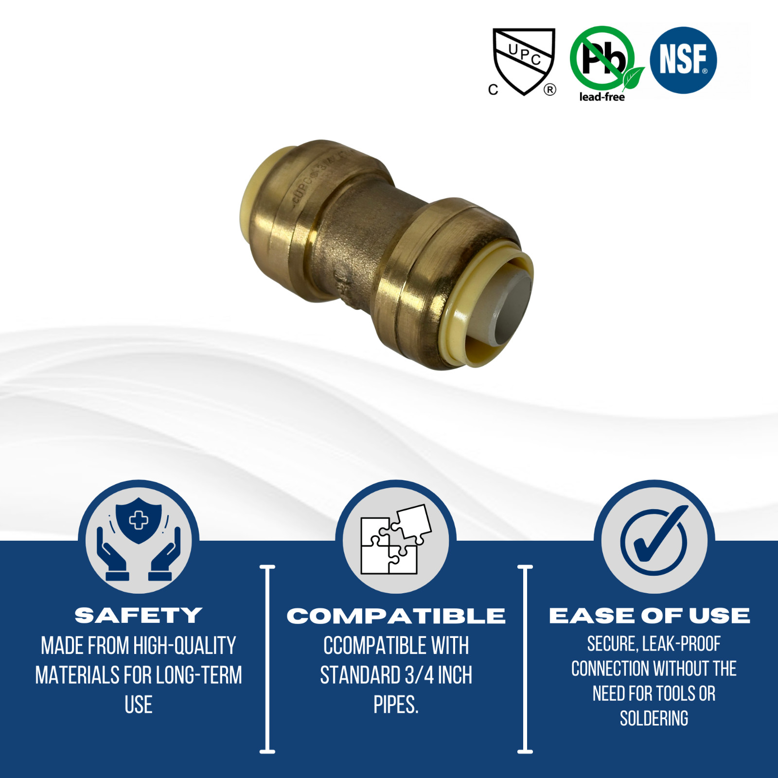 5 Pcs. 3/4″ X 3/4″ Push Fit Coupling, Lead Free Brass, 27-1-2=5X
