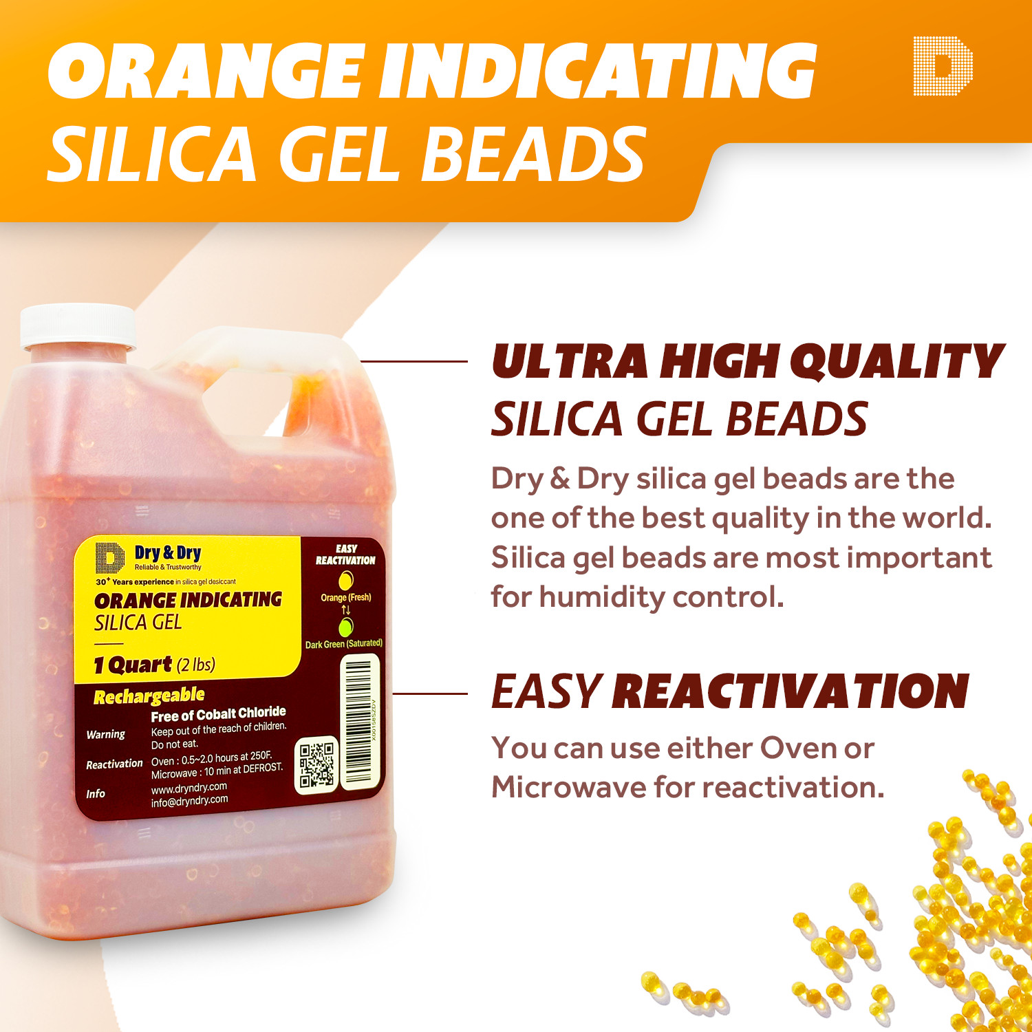 1 Quart(2 LBS) “Dry&Dry” Premium Orange Indicating Silica Gel Desiccant Bead