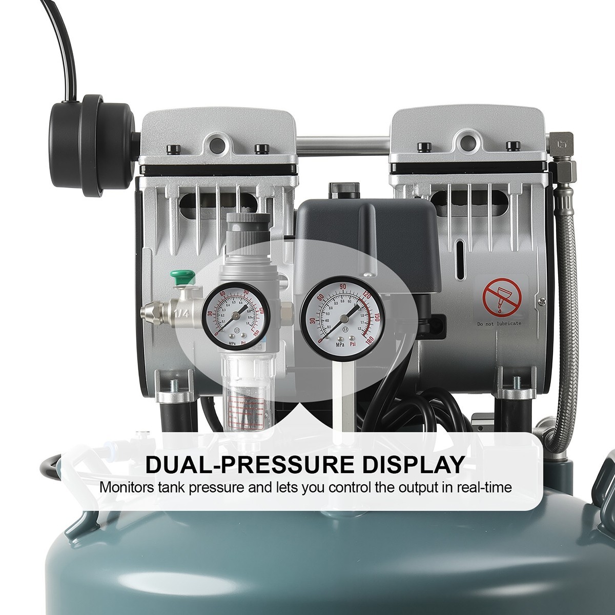 Dual Gauge Oil-Free Dental Air Compressor 40L/24L 155L/min Tank 58dB Low Noise