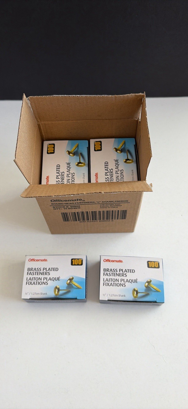 Officemate Brass Plated Paper Fasteners 0.5 in- Box of 100 Case Of 10 Boxes