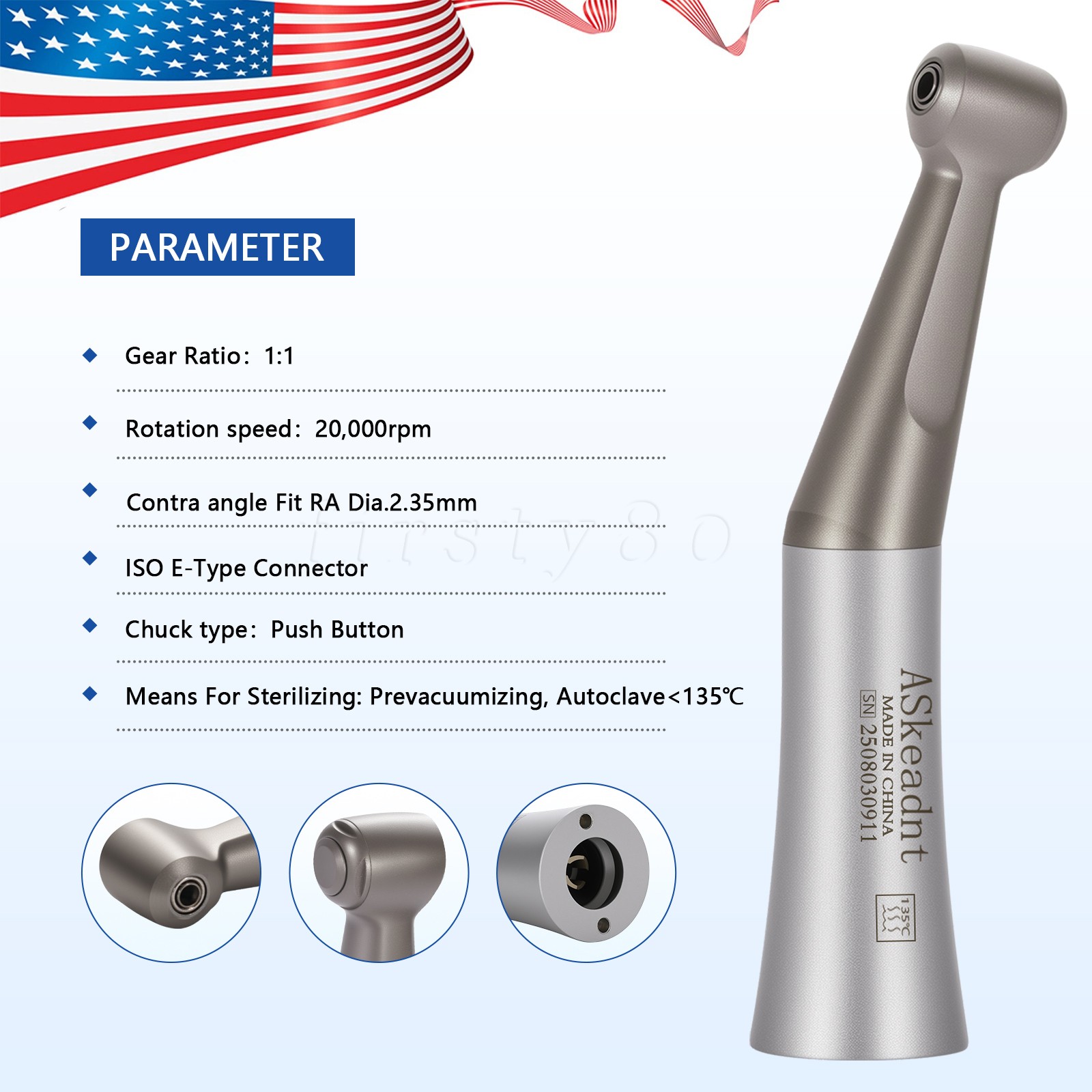 SANDENT Dental 1:1 Low Speed Handpiece Contra Angle Push Button Direct Drive