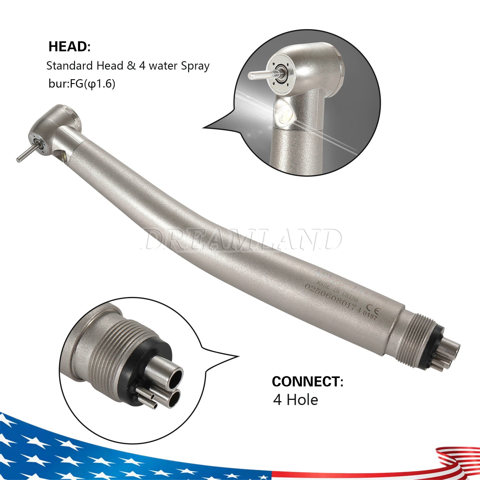 NSK Style Dental LED E-generator Fiber Optic 4 Spray Handpiece 4H Standard Head