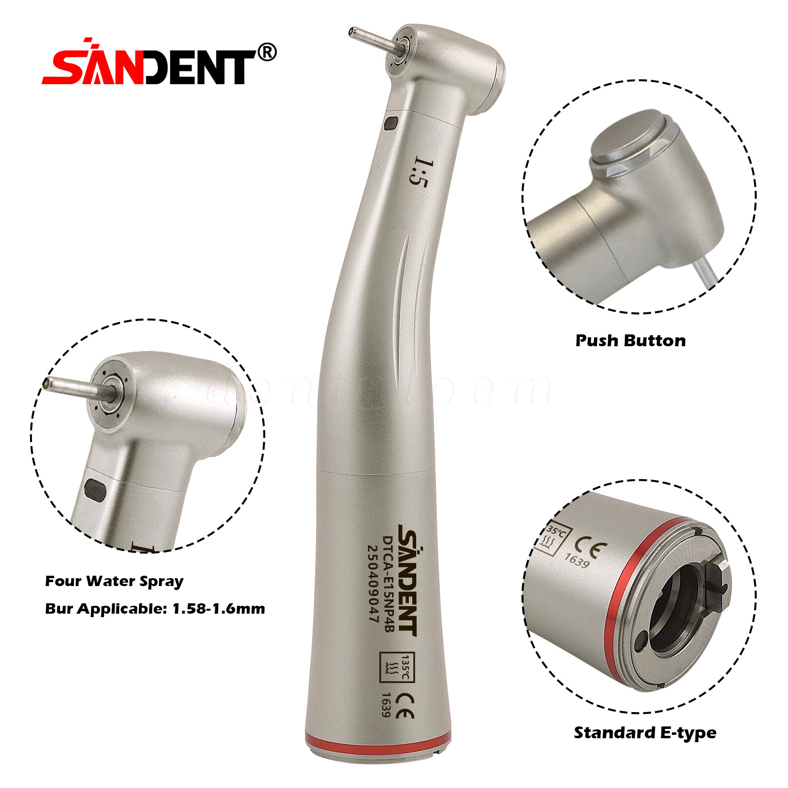 NSK Ti-MAX X95L Style Dental 1:5 LED Fiber Optic Contra Angle Handpiece Red Ring