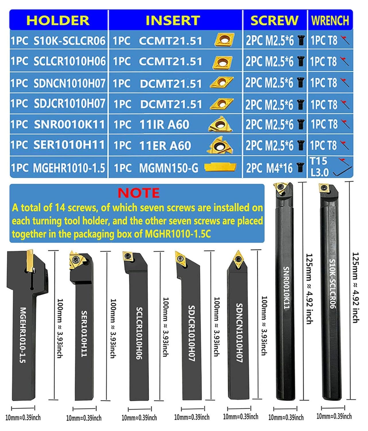 3/8″ 10mm Shank Indexable Carbide Lathe Turning Tool Holder Set Cutting Tools