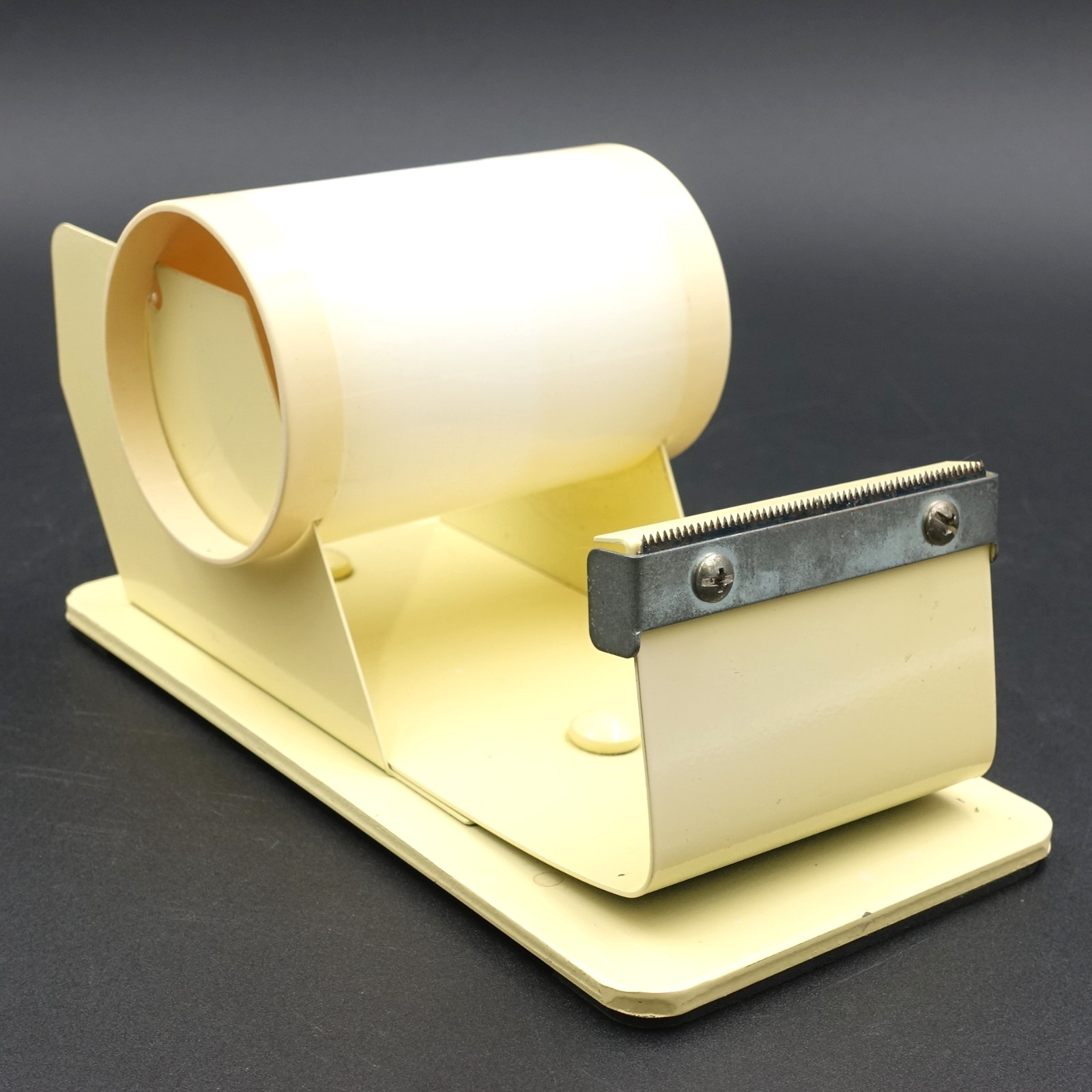 Vtg Steel Desk Tape Dispenser 3.5″ W Roll Heavy Duty Yellow Rubber Feet Taiwan