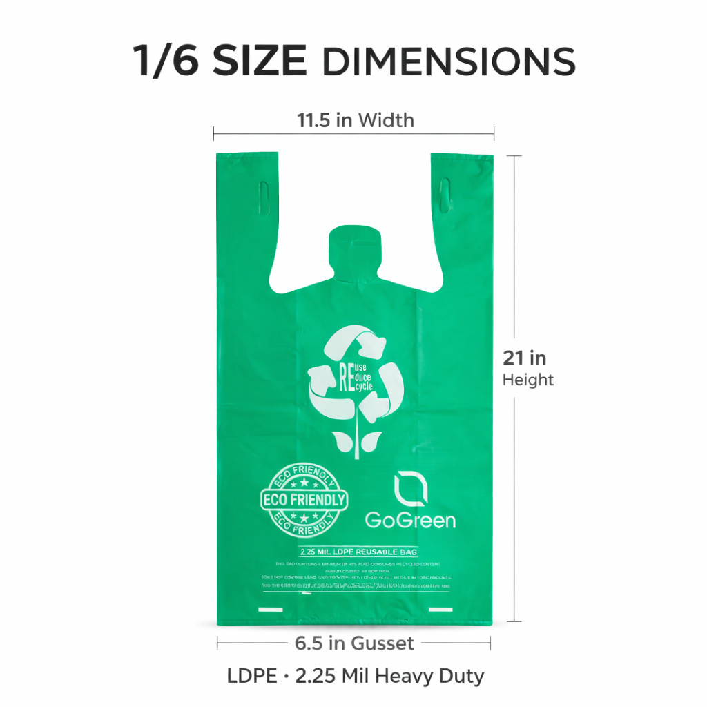 “Green T-Shirt Bags 1/6 Size 2.25 Mil Reusable Heavy Duty Plastic Grocery Sacks”
