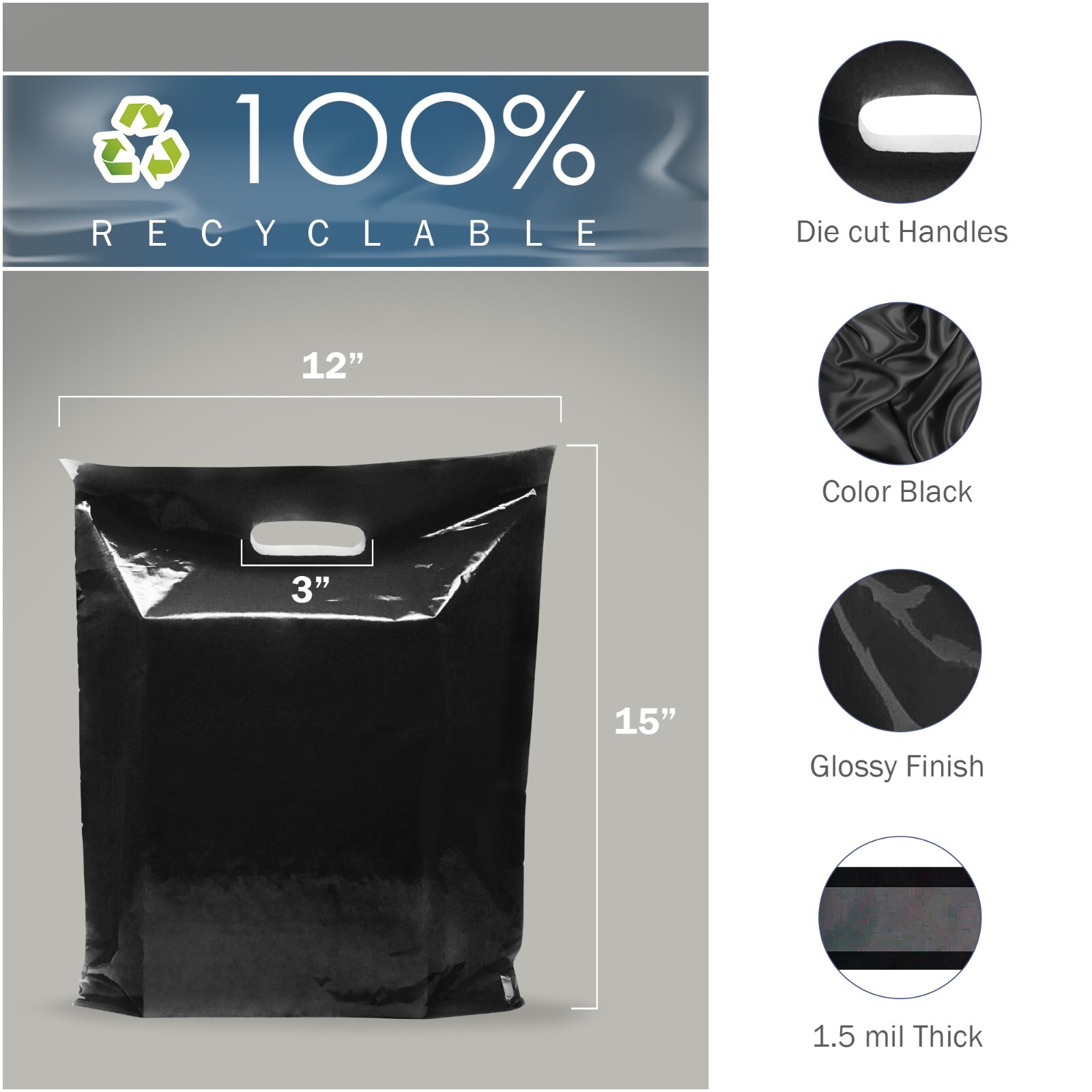 100 Pack 12″ x 15″ with 1.5 mil Thick – Black Merchandise Plastic Shopping Bags
